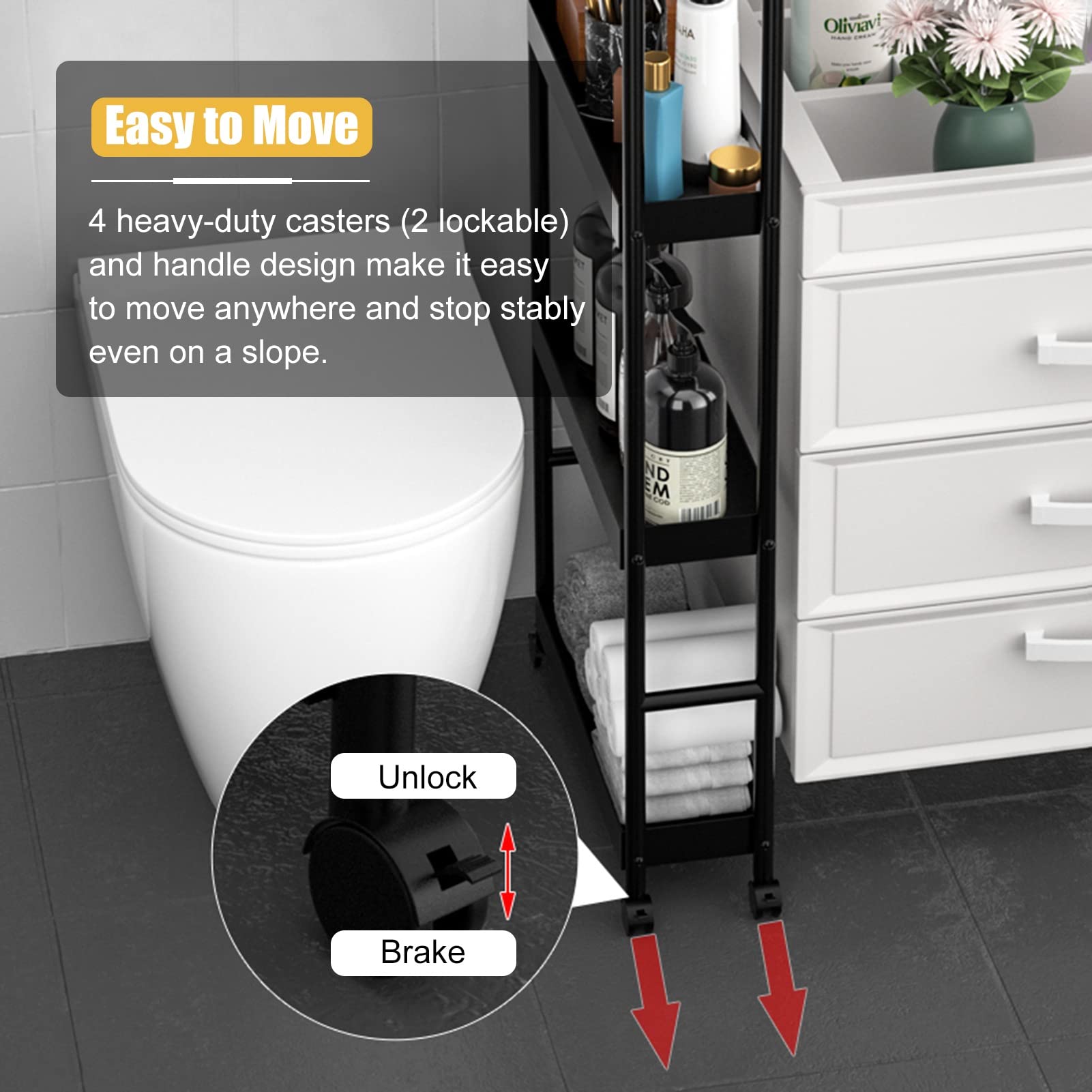 Carrello Cucina Bagno Carrellino Salvaspazio Carrello Portaoggetti Sottile Extra Alto Per Cucina Bagno, Carrello Di Stoccaggio A Rotelle Largo 12,5 Cm Con Ruote, Scaffali Stretti In Piedi Neri Carrell