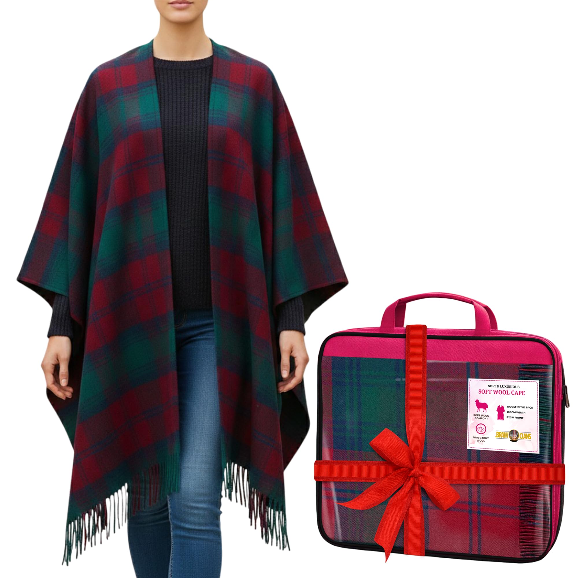 BRAW CLANS TARTANS Soft wool Tartan Poncho Blanket cape made in Scotland - Ruana cloak style - full body shawl - Mothers day Gift - Home, Travel, Camping - Lindsay Tartan