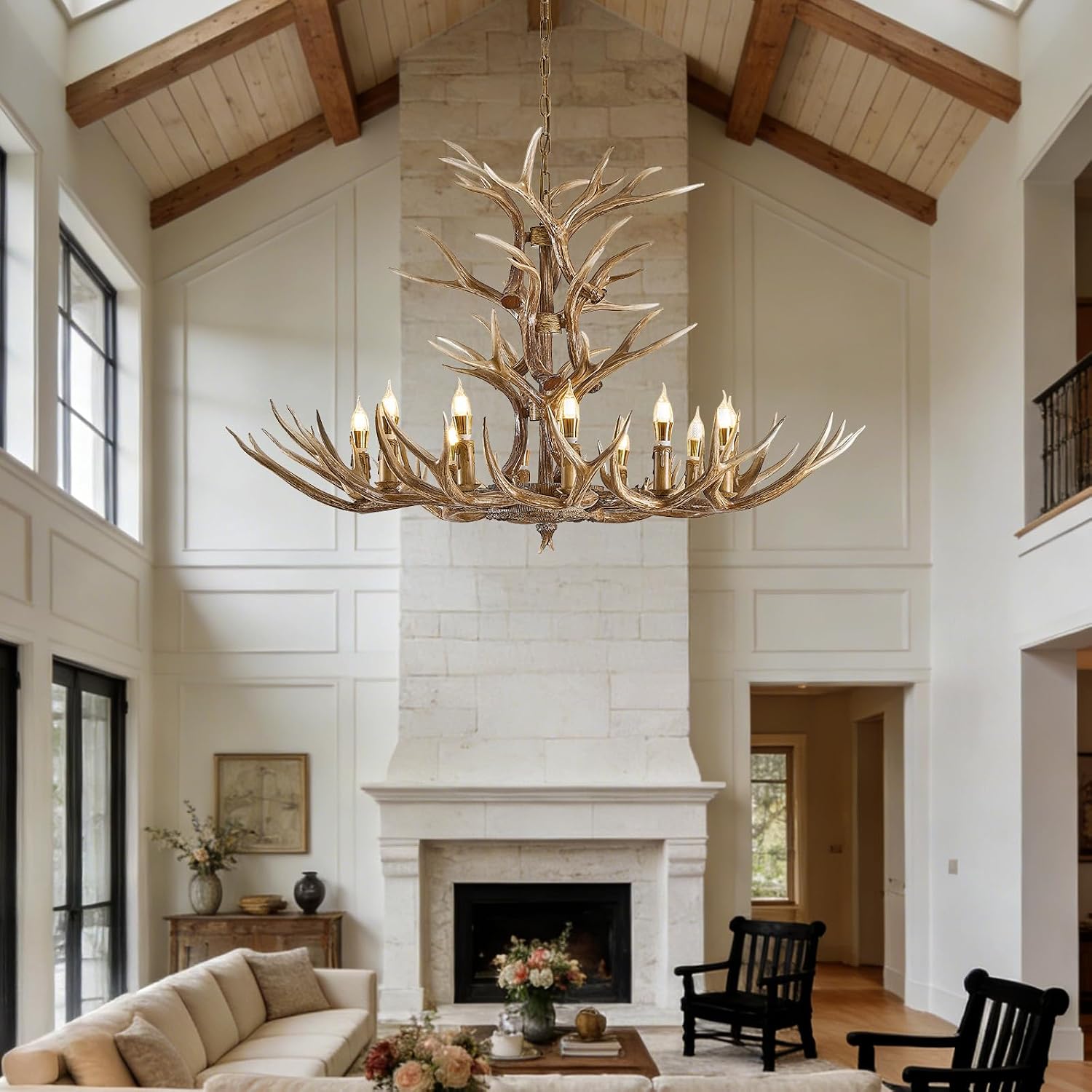 Antler Chandelier 12 Light,Deer Chandelier Fixtures,Rural Countryside Farmhouse Large Resin Deer Horn Lighting Fixtures for Living Room,Bar,Kitchen,Dining Room(12 Lamp Arms + 9 Arms)