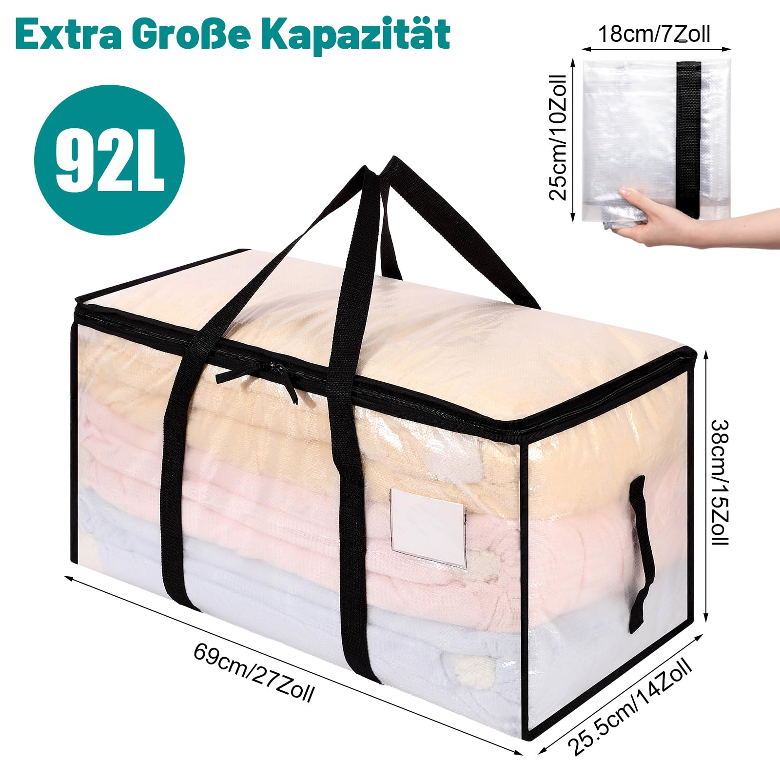 Dntorx 10 unidades de 90 l grandes bolsas de almacenamiento con tapa, cajas de mudanza transparentes grandes con asa de cremallera, bolsas de mudanza para mudanzas, camping, ropa de cama