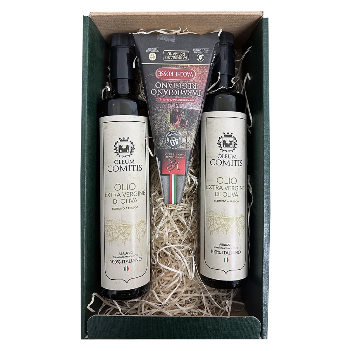 Oleum Comitis - Extra Virgin oliwkowy - 100% włoski ekstrakt na zimno - opakowanie na prezent z 2 butelki po 500 ml i parmezanem Reggiano ChNP, czerwone krowy, sezonowane 40 miesiące