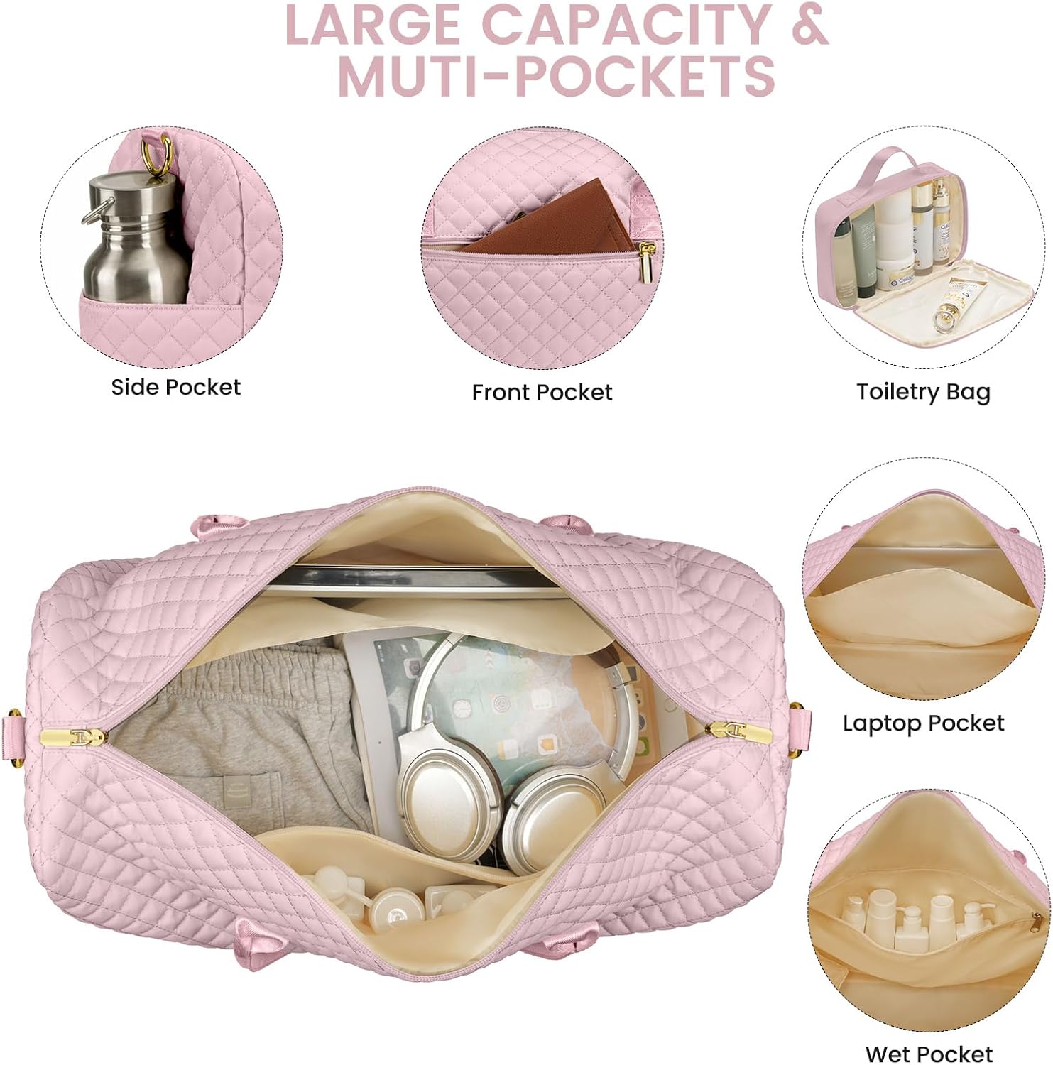 Weekender Travel Duffle Bag for Women: Overnight Bags with Shoe Compartment Carry on Bags for Airplanes with Toiletry Bag Hospital Bag Weekend Yoga Gym Bag with Wet Pocket Travel Duffel Tote Bag Pink - Image 3