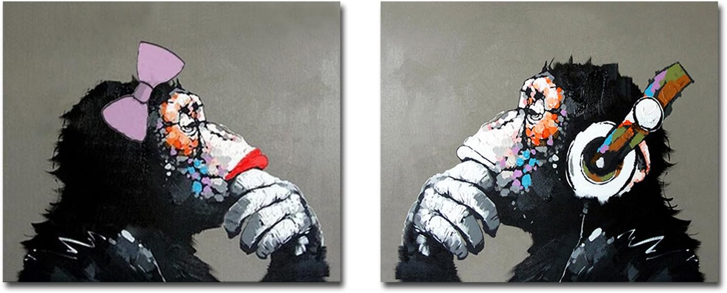 Hand Painted Oil Painting on Canvas Listening Music Pop Gorilla Couple Lover Wall Decor Framed Ready to Hang