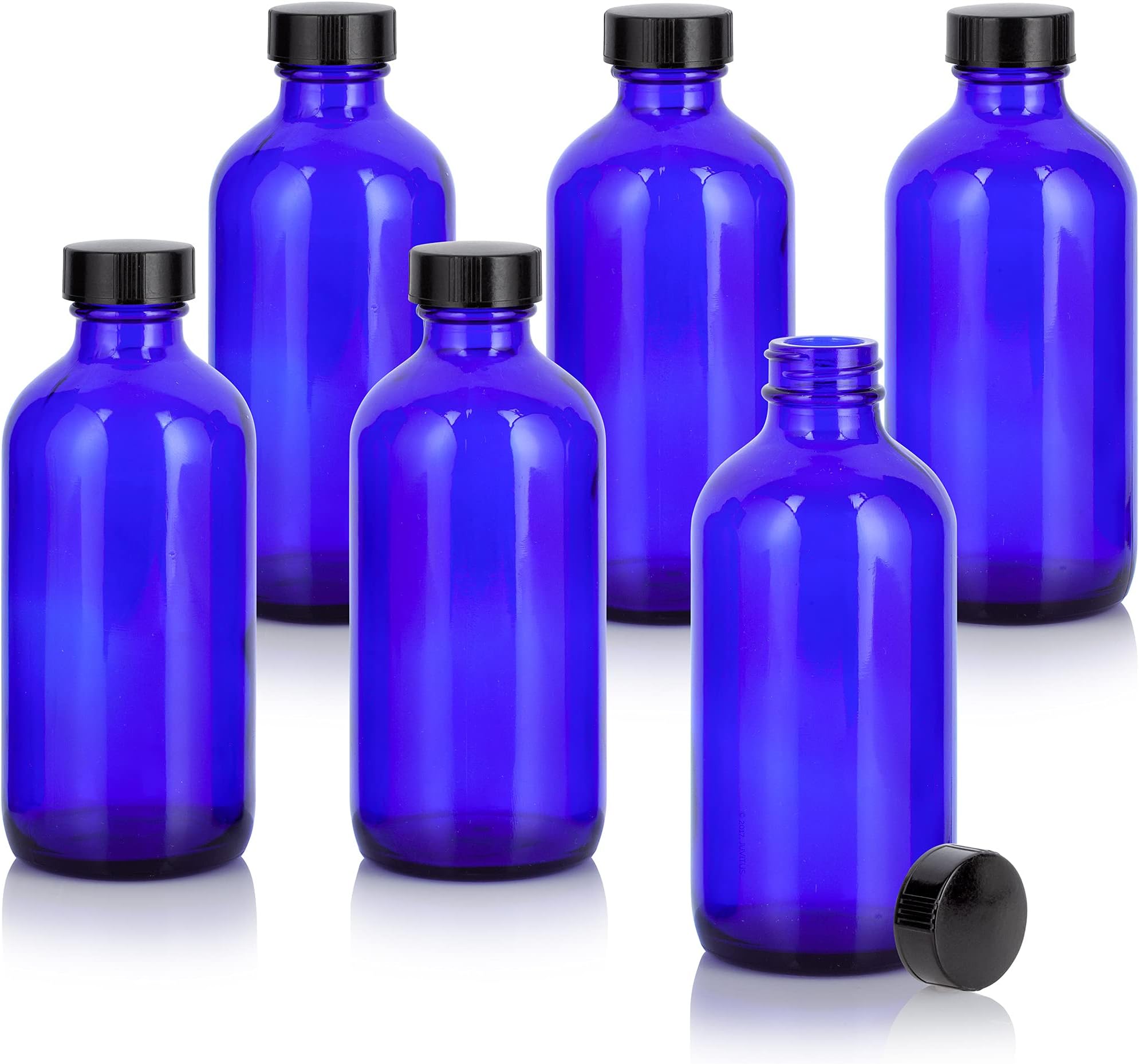 JUVITUS 8 oz Cobalt Blue Glass Boston Round Bottle with Black Phenolic Cone Lined Caps (6 Pack)