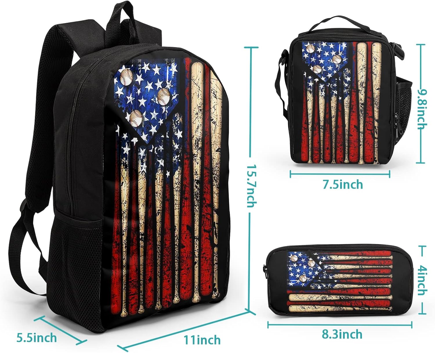 Giwawa American Flag Baseball School Backpack Set Lightweight Teen Girls Women Kids School Bags College Bookbag with Lunch Bag