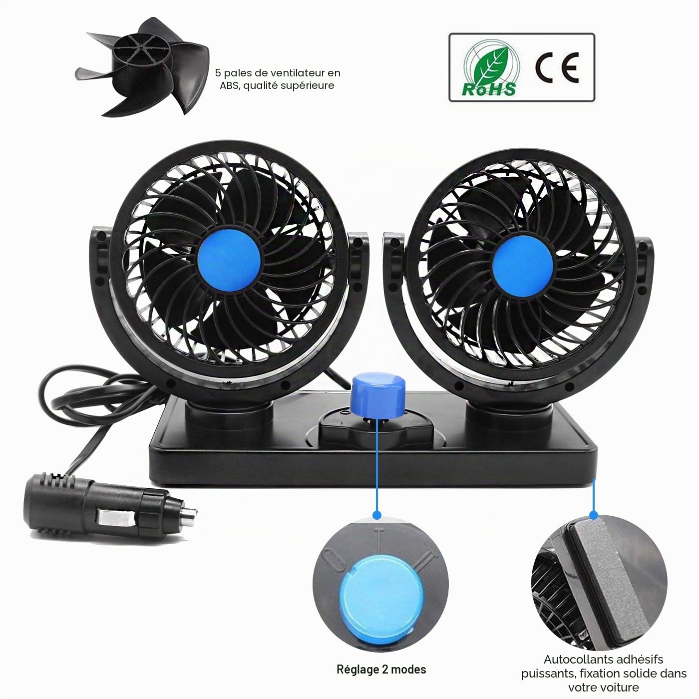 12V Ventilateur de Refroidissement de Voiture électrique 360 ​​° Rotatif Double têtes Ventilateur de Circulation d'air Rotation Manuelle 2 Vitesses. (Prises Allume-Cigare Balck-3) (Noire)