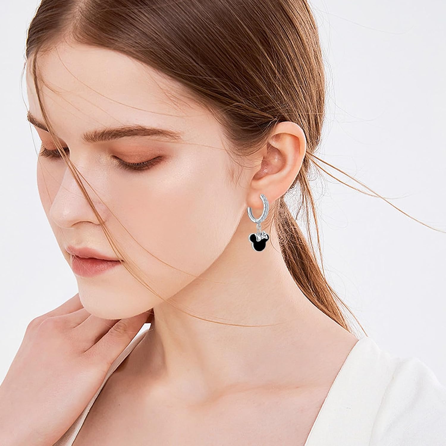 Sterling Silver Black Mouse Earrings For Women Black Drip Glue Mouse Dangle Hoop Earrings Sparkling Mini Cute Mouse Bow Animal Princess Huggie Jewelry Gifts for Daughter Birthday - Image 5