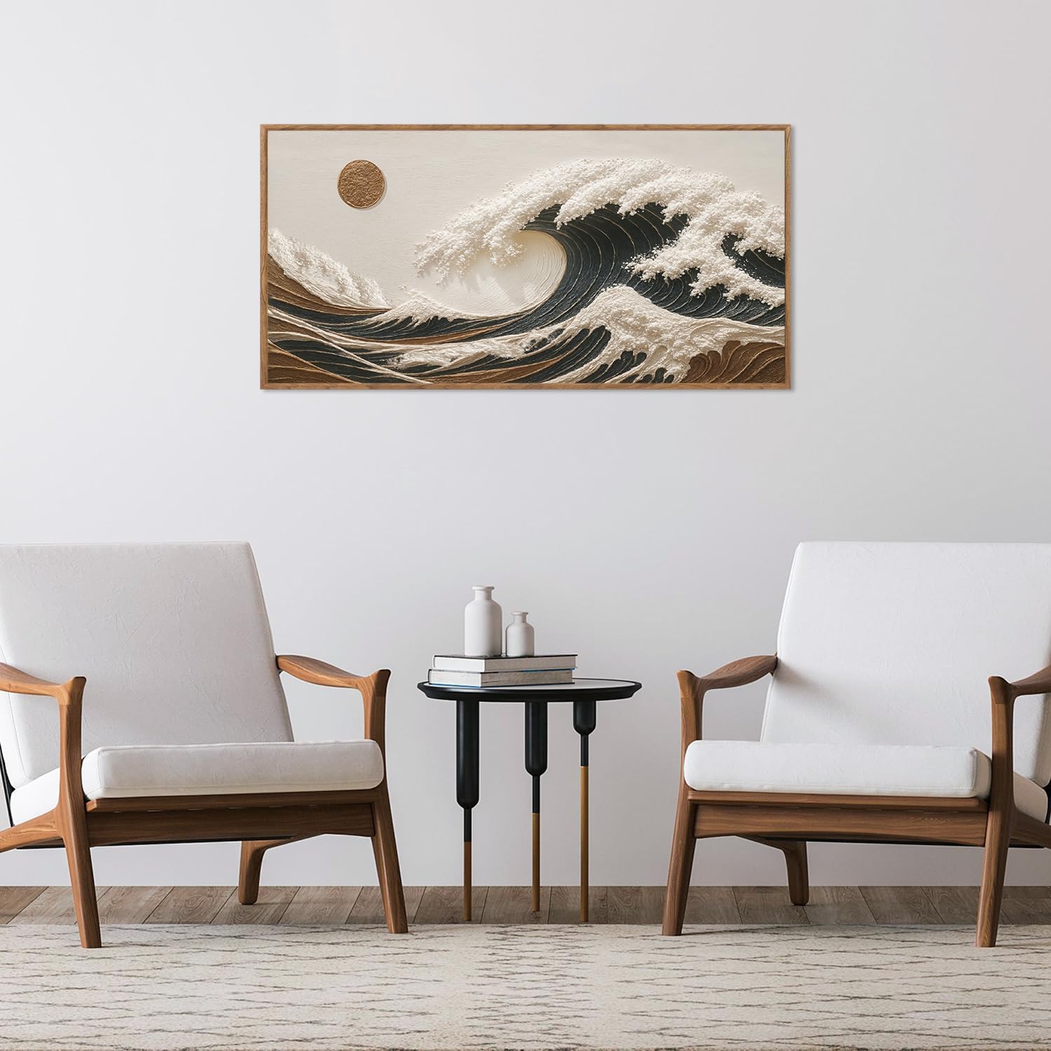 HLNIUC Boho Sea Great Wave Framed Canvas Wall Art,Vintage Japanese Ocean Horizontal Wall Decor,Large Abstract Nature Artwork(40x20),Neutral Sun Seascape Prints for Living Room,Bedroom,Office