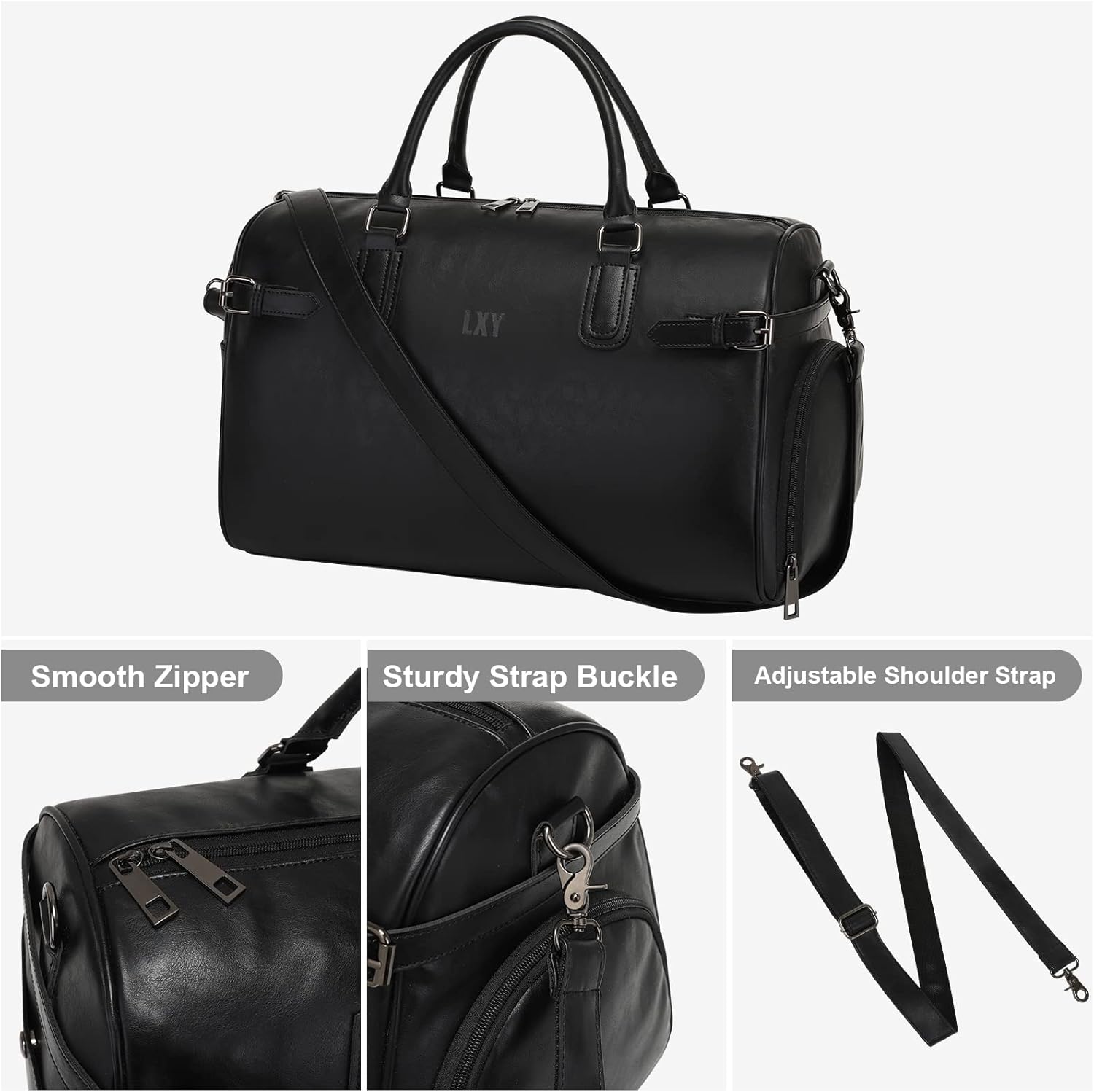 Vegan Leather Duffle Bag, LXY Travel Duffle Weekender Bag with Shoe Compartment, Duffel Overnight Gym Bags for Women Men Black - Image 6