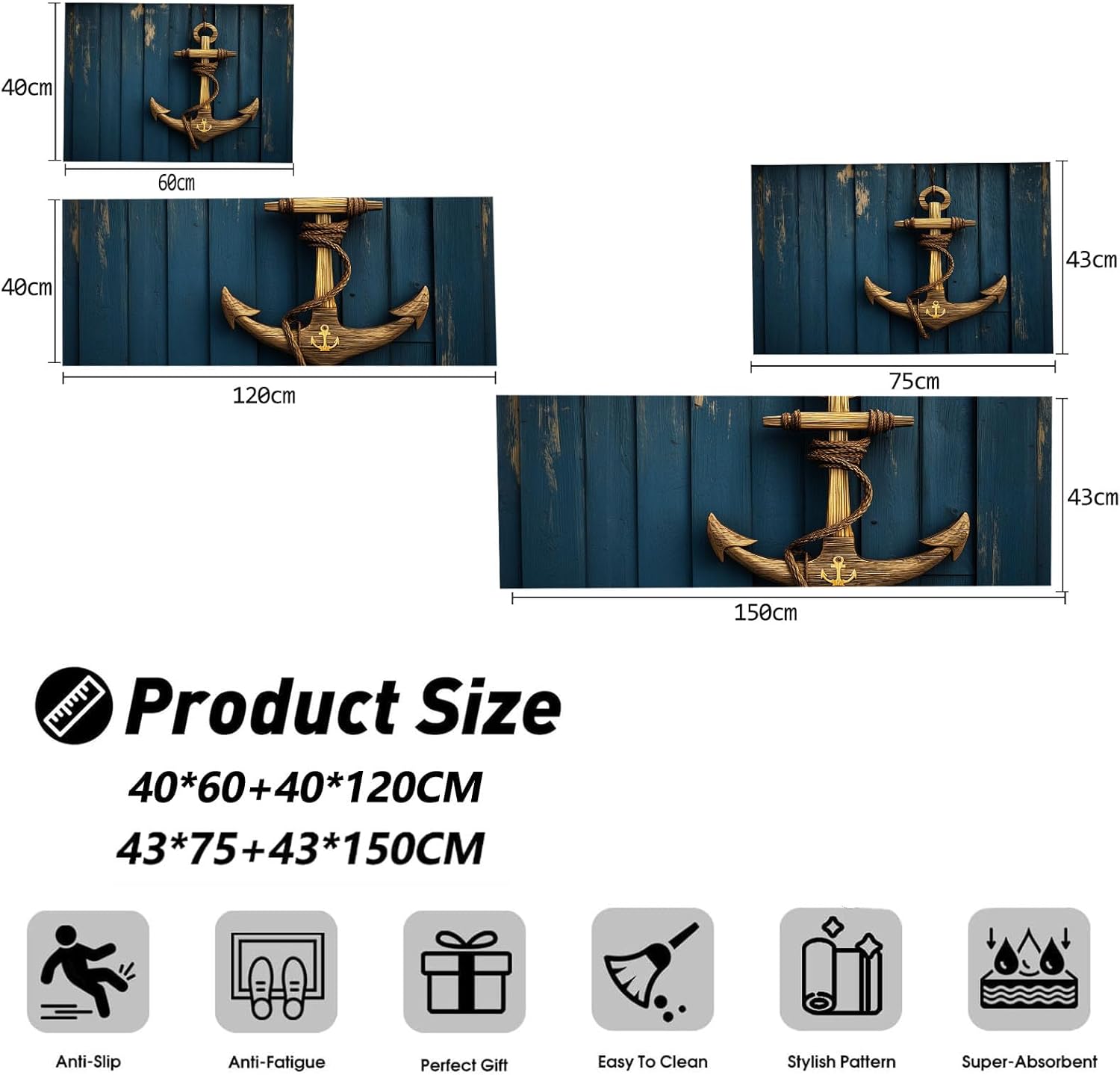 Wooden Anchor Kitchen Mats Sets, 2 Piece Nautical Theme Kitchen Rugs, Waterproof Non-Slip Anti-Fatigue Home Runner Washable Standing Floor Mats 17.3"x59"+17.3"x30" Navy