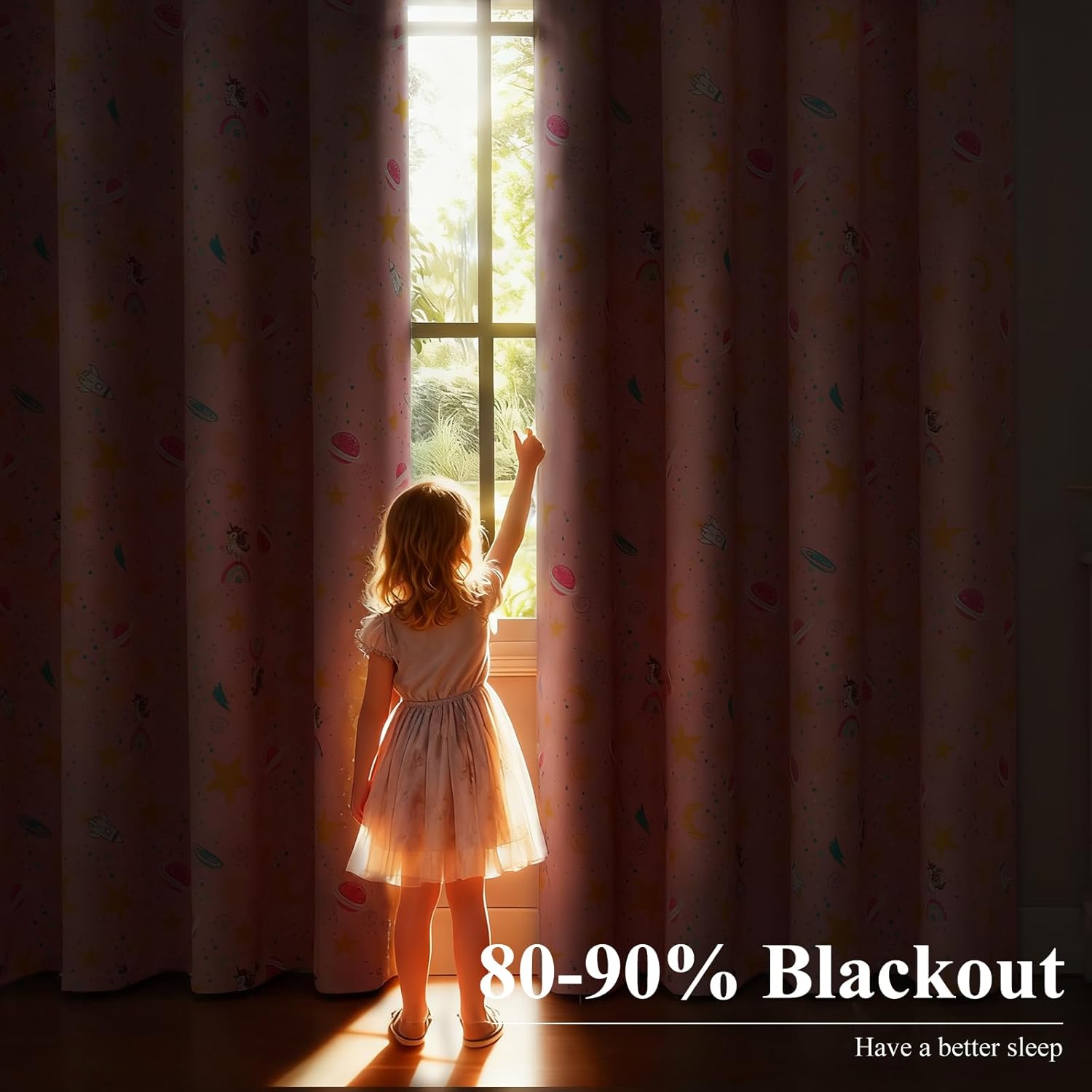 Estelar Textiler Girls Cartoon Unicorn Rainbow Curtains, Cute Moons and Stars Print Grommet Drapes for Kids Room, Pink Blackout Curtains Window Treatments 2 Panel Set for Nursery, 38x84 Inch