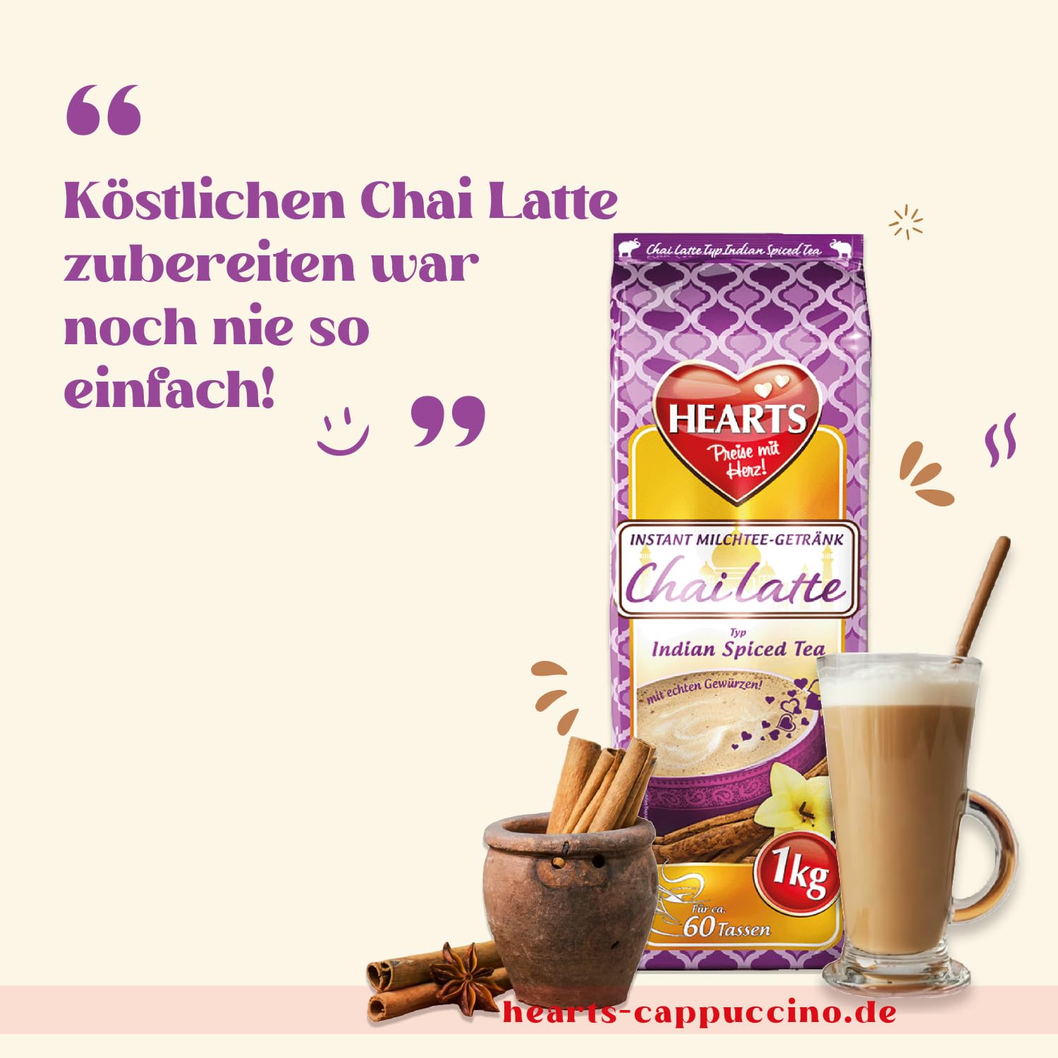 HEARTS Chai Latte 10 x 1kg - Vorteilspack - Instant Milchtee Pulver - Spiced Tea Getränkepulver für Gastro/Zuhause, einfache Zubereitung - reicht für 600 Tassen