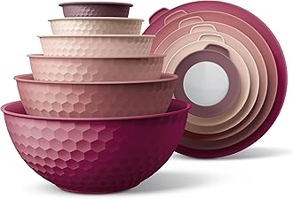 COOK WITH COLOR Mixing Bowls with Lids - 12 Piece Plastic Nesting Bowls Set includes 6 Prep Bowls and 6 Lids, Non Slip Bottom and Embossed Design - Microwave Safe (Rose)
