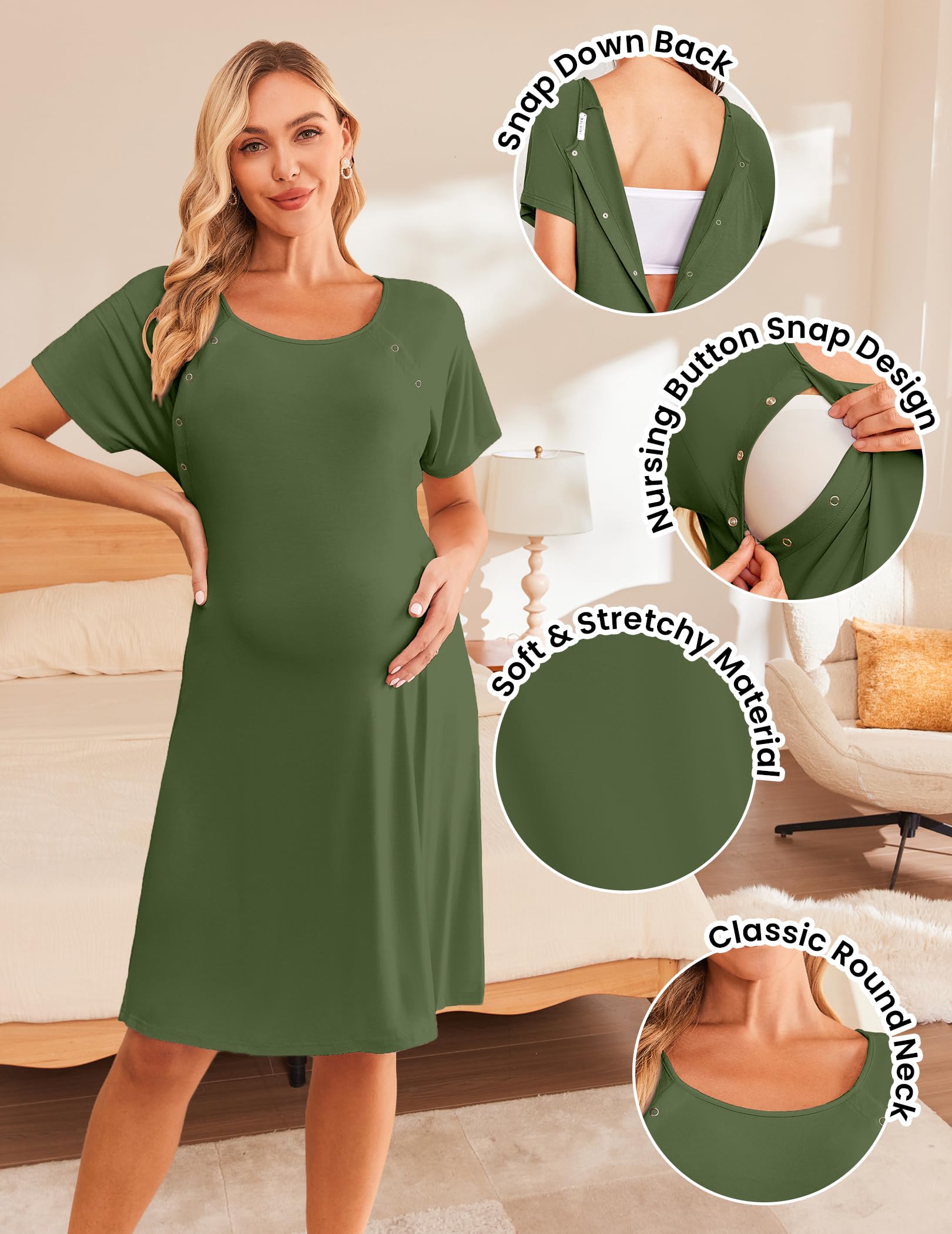 Ekouaer - Camicia da notte da donna per allattamento/parto/travaglio/ospedale, camicia da notte a maniche corte per maternità, camicia da notte con bottone S-XXL