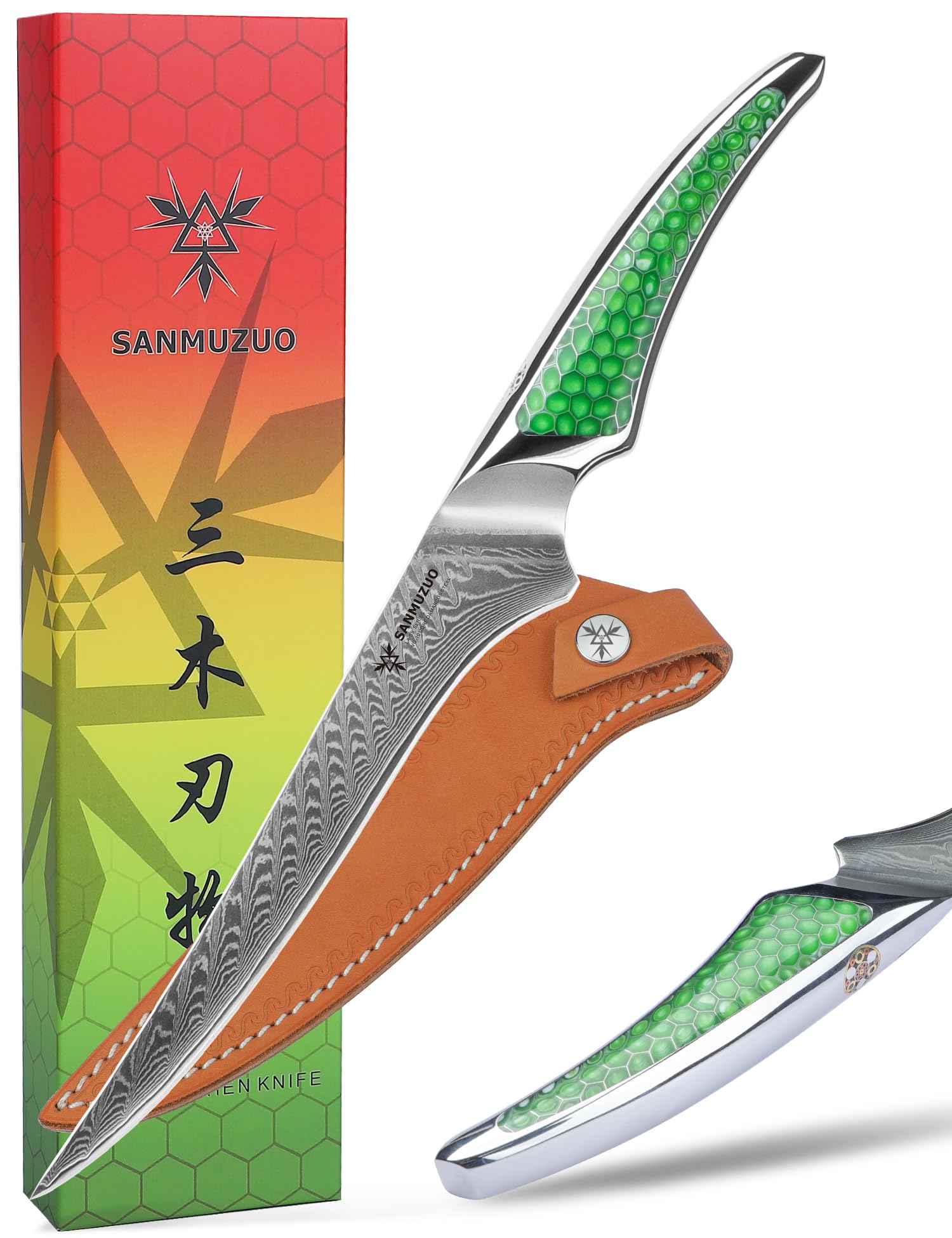 Cuchillo para filetear de 18cm, cuchillo japonés para pescado de cocina de acero damasco VG-10, cuchillo para deshuesar ultra afilado con mango de espiga completa en resina verde, serie LA-S9