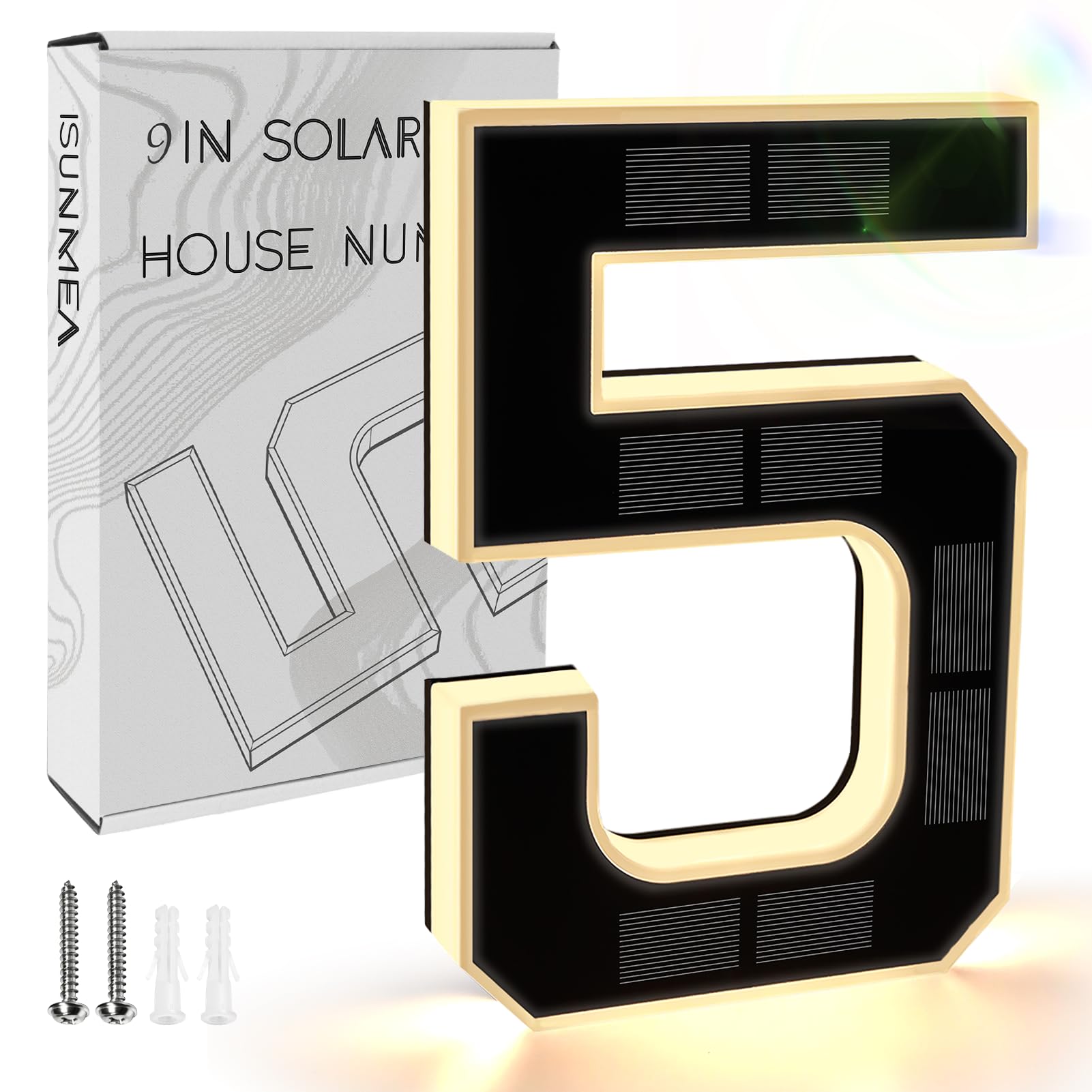 ISUNMEA 9 Inch Solar Lighted House Numbers for Outside, Light Up Waterproof LED Address Numbers Signs for Houses, Large Personalized Illuminated Exterior Modern House Numbers Light (5-Black, 9IN)
