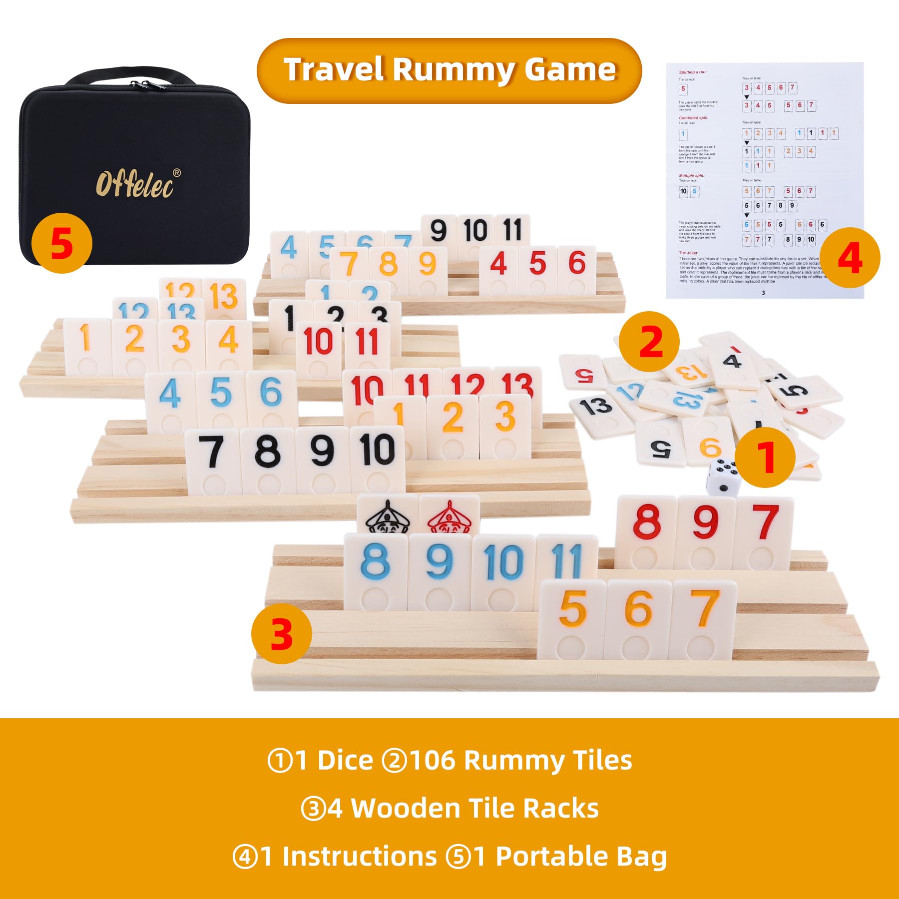GOTHINK Rummy Tiles Game, Classic Large Numbers Rummy Board Games with 106 Tiles, 4 Wooden Playing Rack, 1 Dice - Image 4