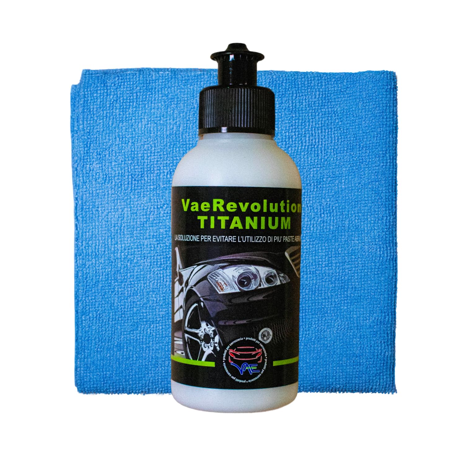 VAE Revolution Titanium Pasta Correttiva e Lucidante per Carrozzeria 100 g con Panno in Microfibra, Formula Professionale con Silicio e Oli Vegetali, Taglio e Lucidatura in un Solo Passaggio