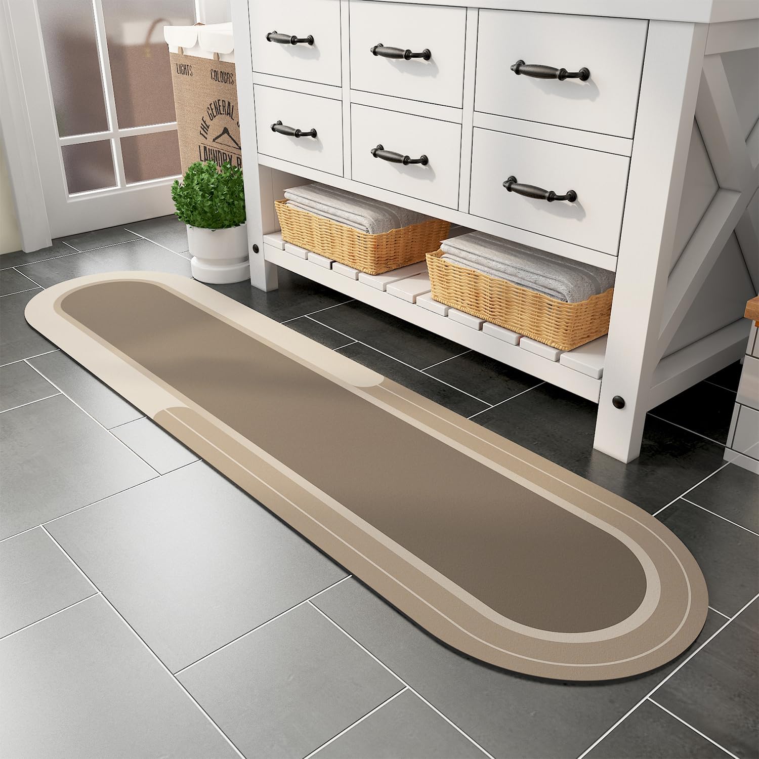 MontVoo Bath Mat Runner - Long Non Slip Absorbent Quick Dry Thin Bath Rug for Bathroom Floor Mat - Rubber Backed - Stain Resistant - Easy Care - Beige