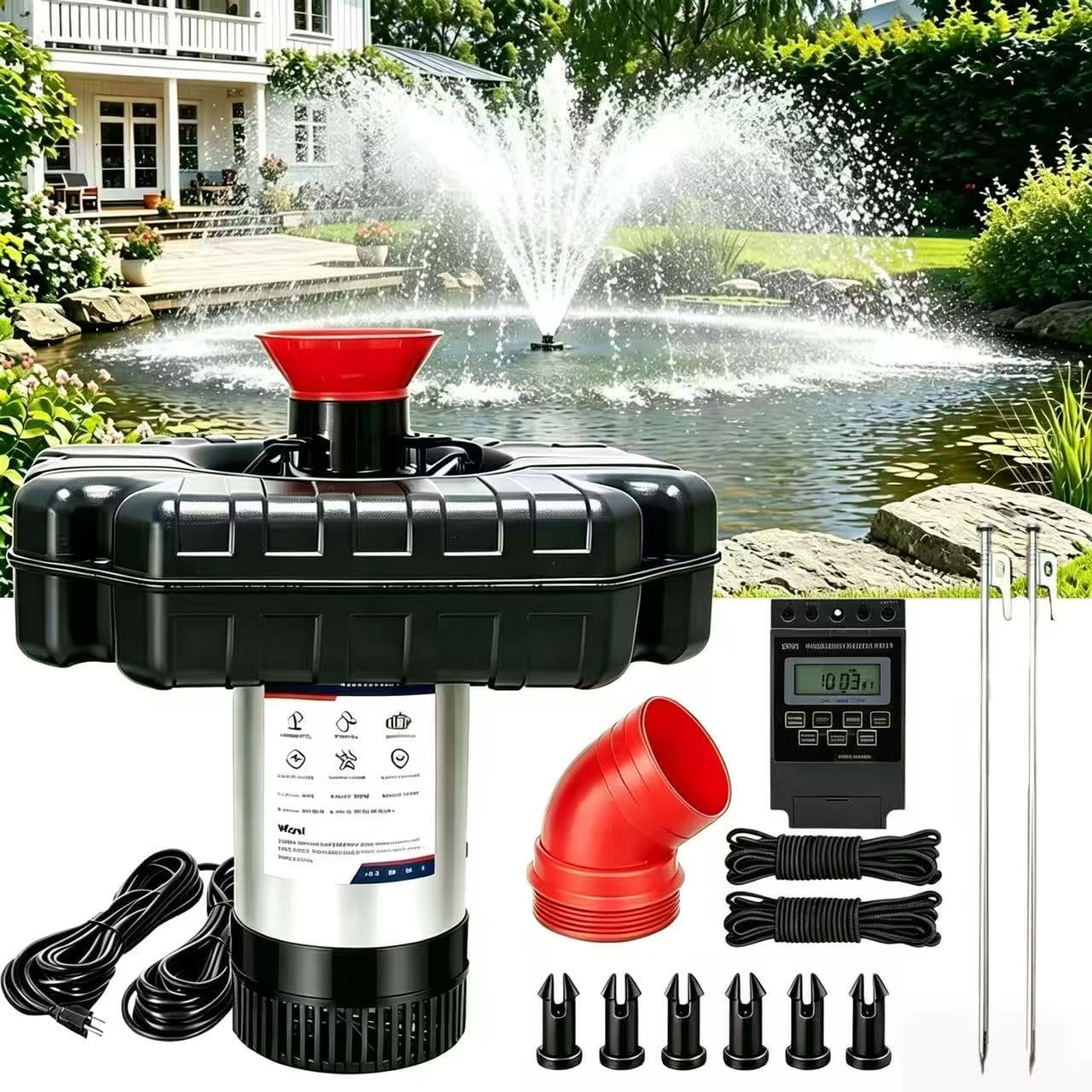 Pond Fountain Aerator, Pond Fountain, 1 HP Pond Aerator /110V 15,000 GPM, 100-foot Power Cord + 2 x 33-Foot Ropes/Timer Aerator Fountain, Suitable for Various Ponds and Lakes