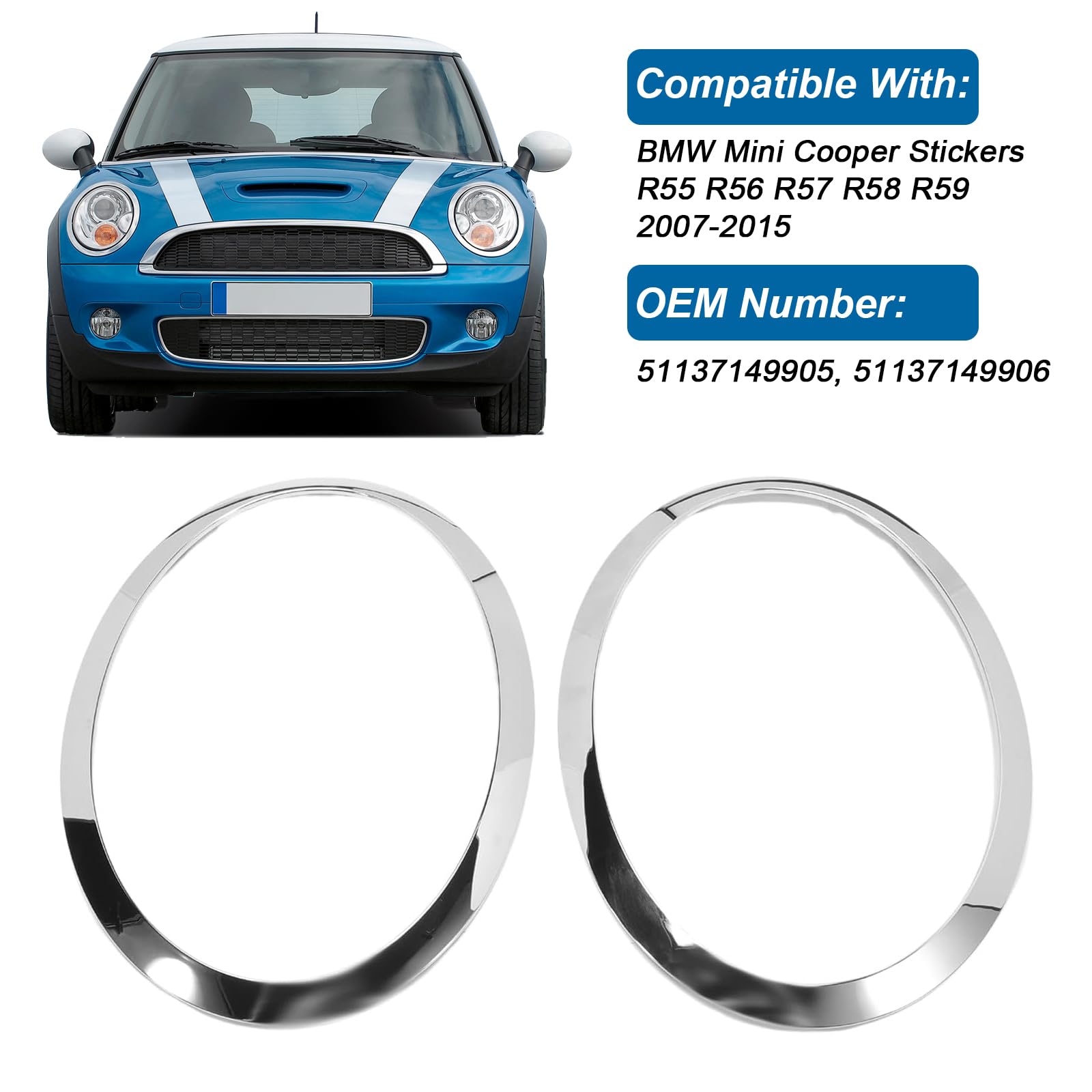Anillo Decorativo Para Faros Delanteros Compatible con BMW MINI COOPER R55 R56 R57 R58 R59,Cubierta de Anillo para Faros Delanteros,Embellecedores de Anillo de Cubierta de Lámpara Antiniebla (Plata)