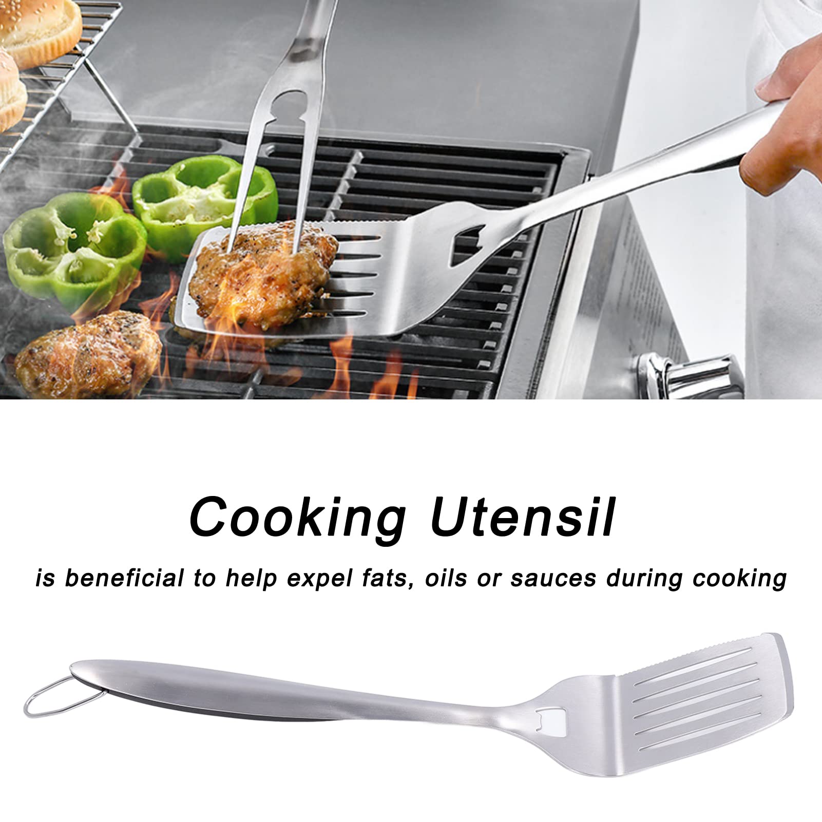 Espátula de metal con ranura ranurada de acero inoxidable, utensilio de cocina resistente con mango de agarre largo y mango de fácil agarre para freír, cocinar, escurrir