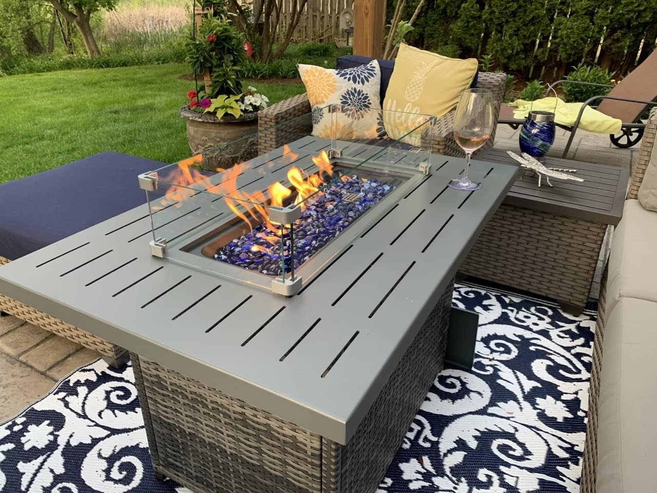 Propane fire pit table 44in with glass wind guard