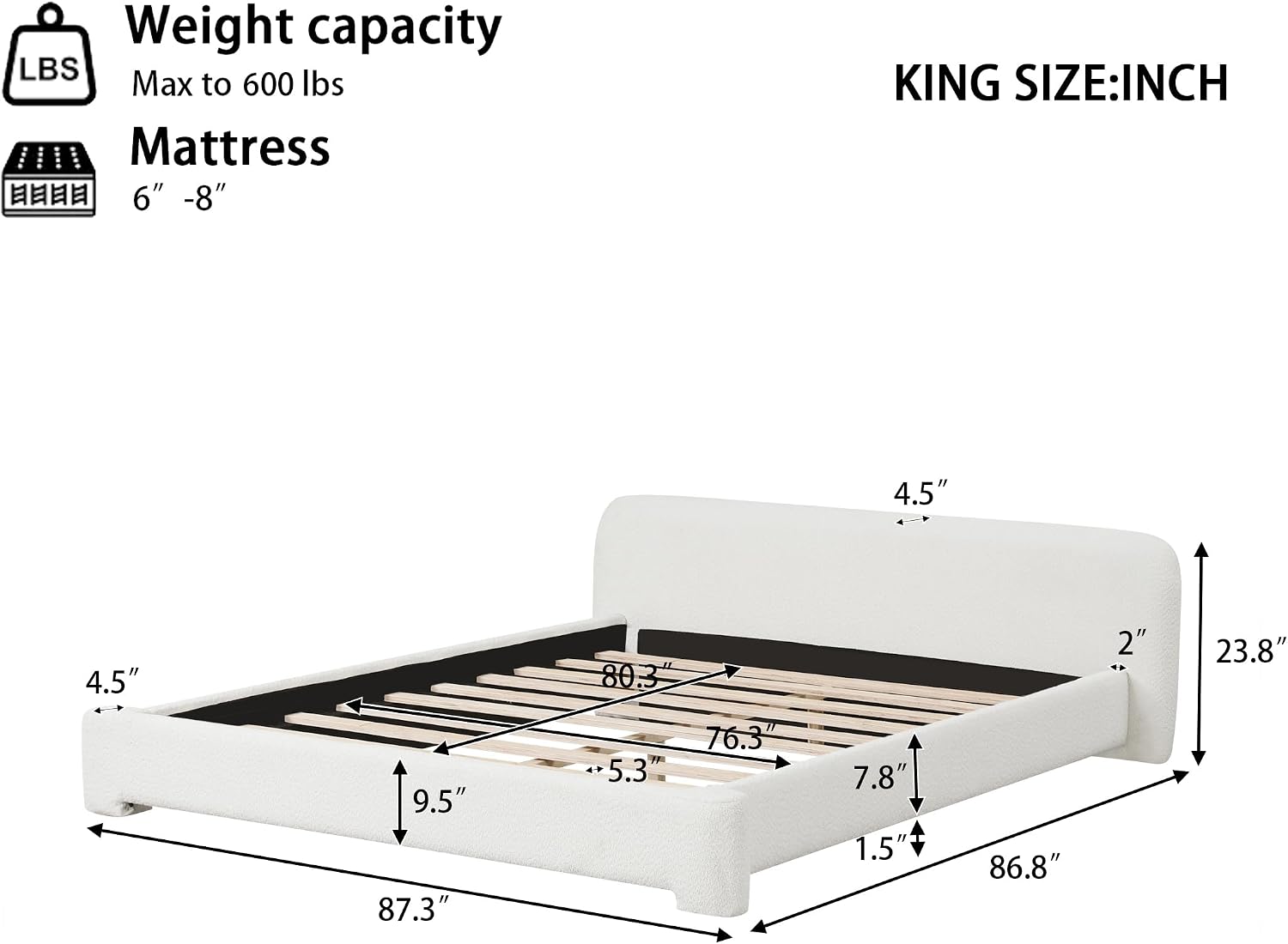 Christopher Knight Home Sheffies King Size Upholstered Bed Frame with Headboard, Boucle Fabric Platform Bed Frame, Wood Bed Support and Slat, No Box Spring Needed, Fully Mattress Foundation, White