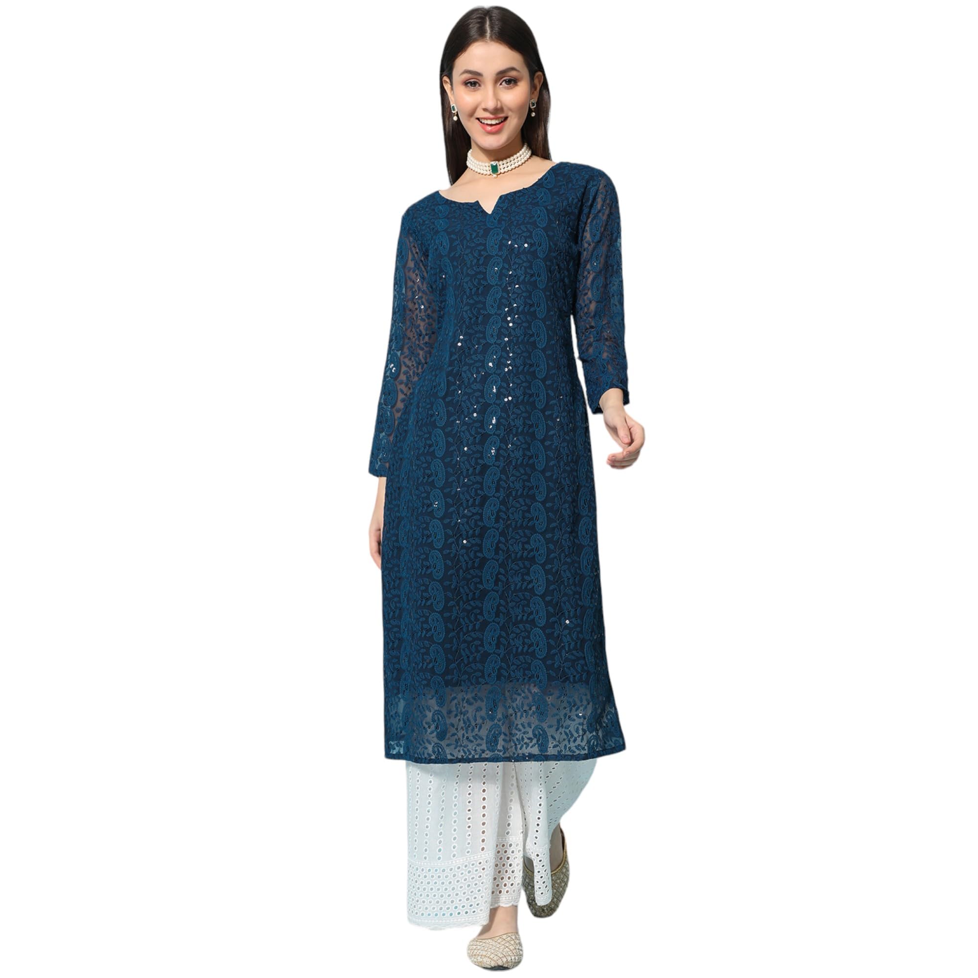 Gufrina Women's Georgette Straight Kurta Palazzo With Notch Neck 3/4Th Sleeves Solid Pattern Chikankari Work Calf Length And Regular Fit