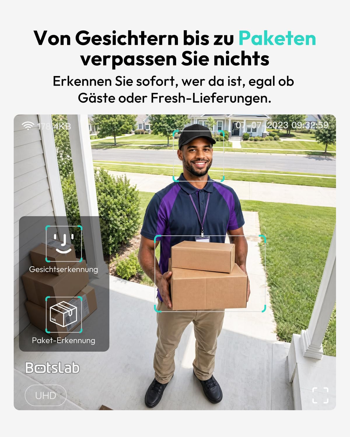 BOTSLAB 2K Solar Akku Video Türklingel mit Solarpanel, 100% Kabellose Klingel mit Kamera, Kopf-bis-Fuß-Ansicht, PIR-Bewegungserkennung, Ohne Monatsgebühr, Nachtsicht, 2-Wege-Audio, 2,4GHz WLAN