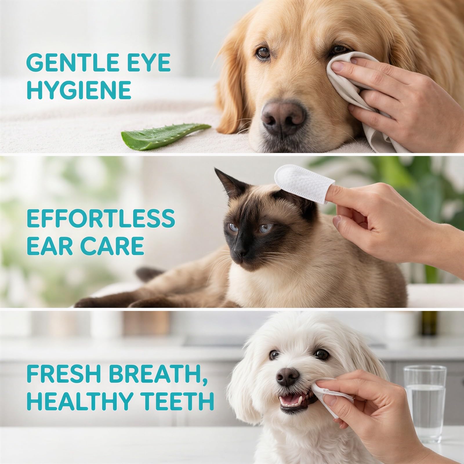 Lingettes pour yeux, oreilles et dents pour animaux, lot de 100 pads pour les yeux, 50 lingettes doigt pour les oreilles, 50 pads pour les dents, contenants 2,8 x 2,8 x 2,4 in et 3,0 x 2,0 x 3,3 in,