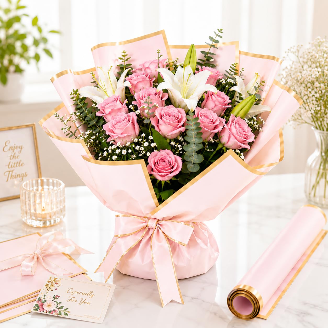 TIED RIBBONS Set of 20 Bouquet Wrapping Korean Paper Sheet for Flowers (Pink, 21 Inch x 21 Inch) - Gifts, Fruit Baskets & Plants | Decorative Wrapping for Gift Packing & Gift Hamper Decoration