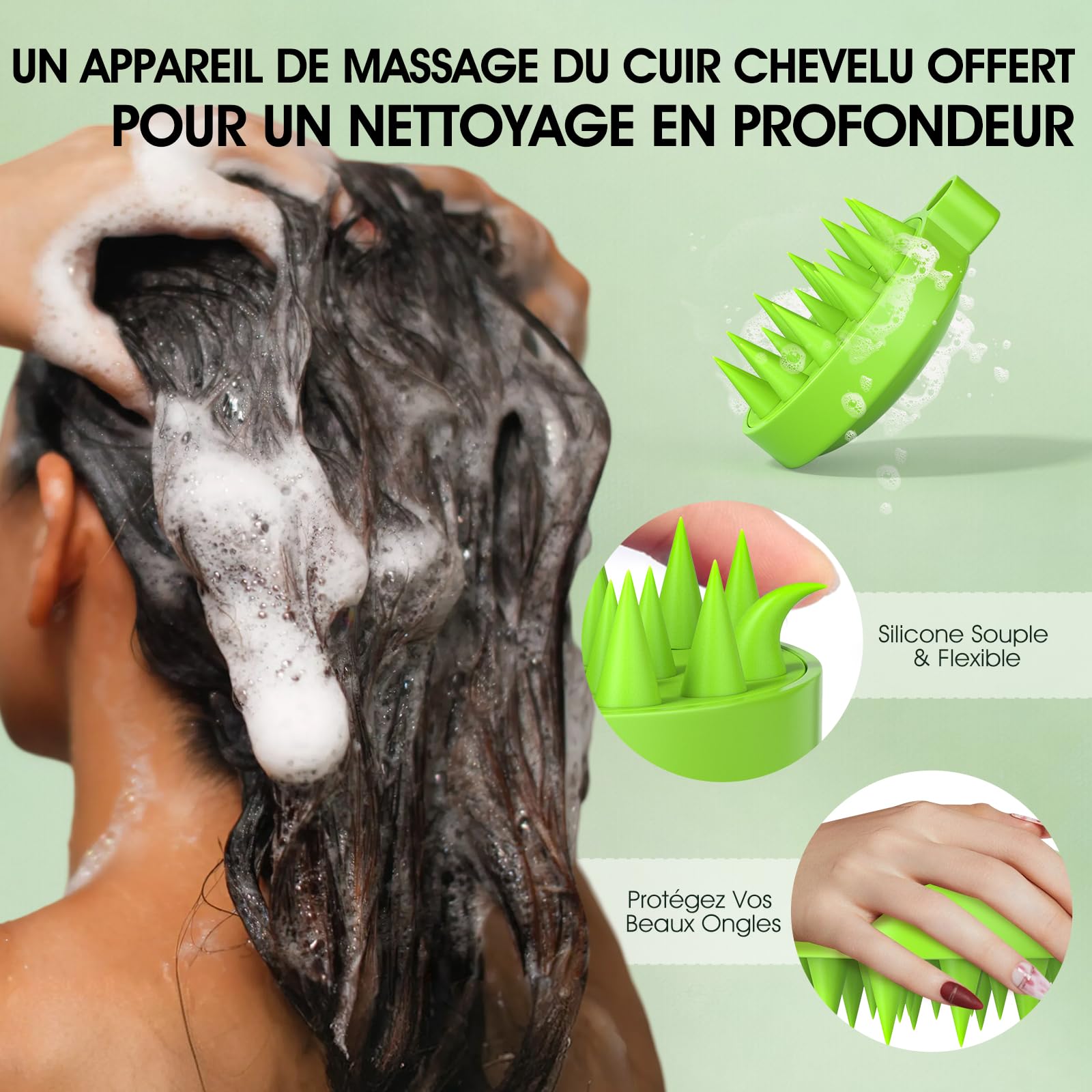 Shampoing exfoliant pour cuir chevelu 2 en 1 à l'huile de menthe, soin des cheveux pour clarifier et éliminer les dépôts avec masseur de cuir chevelu en silicone, 300 g