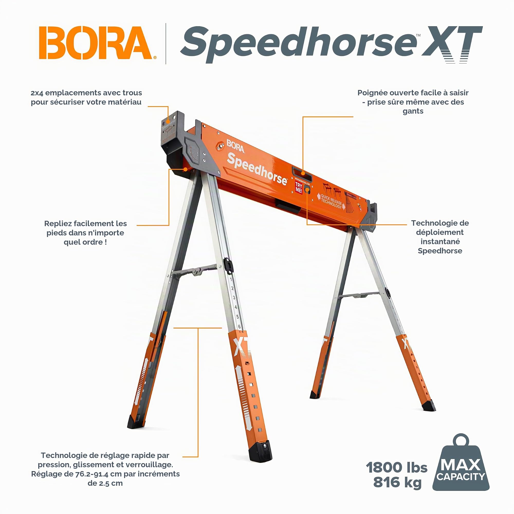 BORA Poramate Speedhorse XT Chevalet de sciage réglable en hauteur 680 kg Capacité 680 kg
