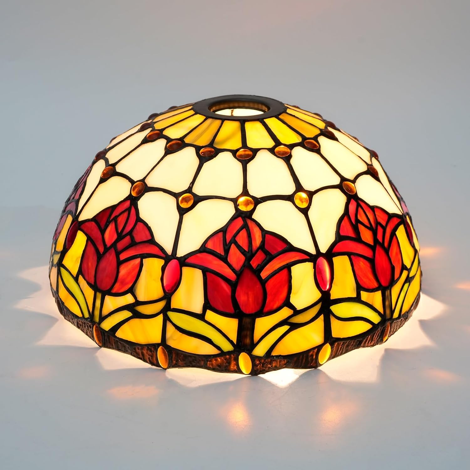 Tiffany Style Lamp Shade, 12 Inch Red Tulips Stained Glass Lamp Shade Vintage Pastoral Art Decor Large Opening Replacement Lampshades for Bedroom Living Room Restaurant