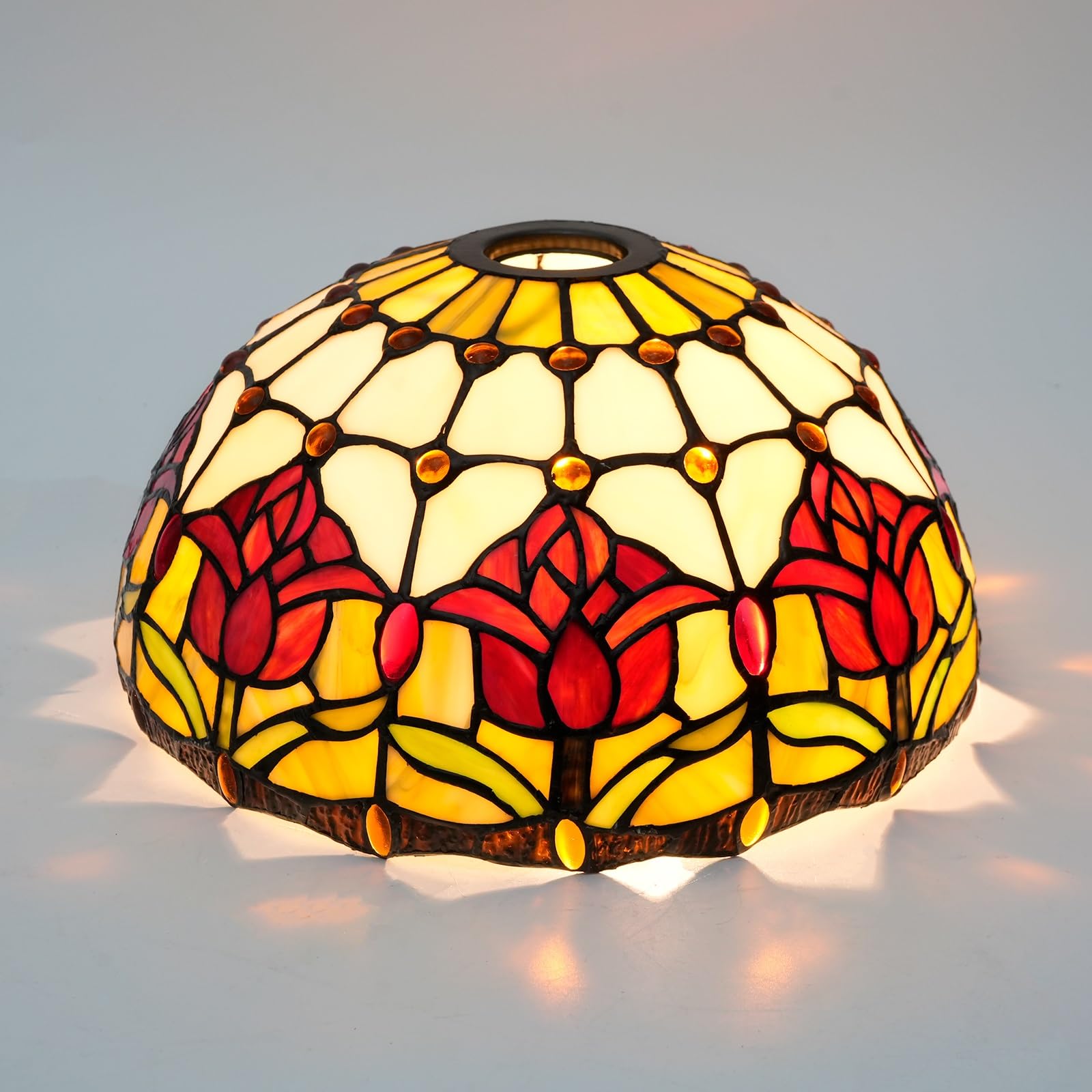 HJRegaFimu Shade Replacement 12" Red Tulips Stained Glass Lamp Vintage Pastoral Art Decor Large Opening Lampshades For Bedroom Living Room Restaurant