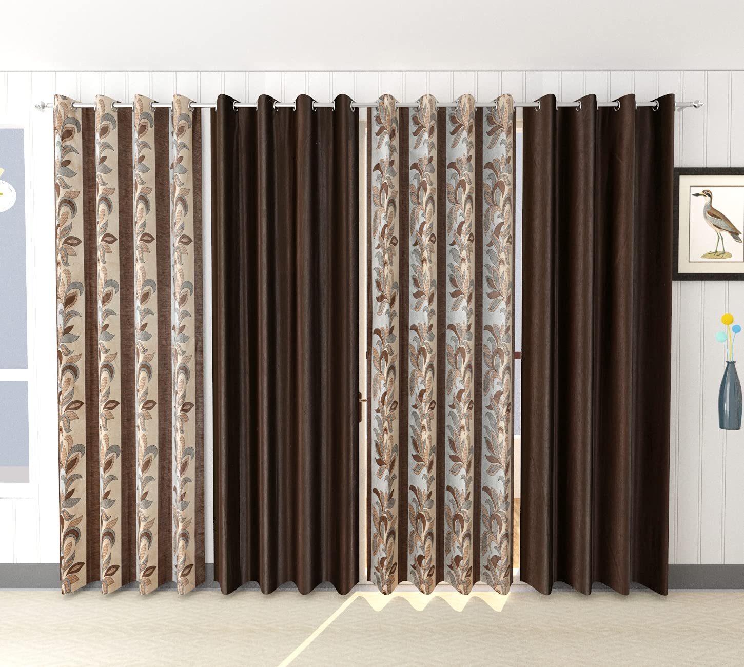Galaxy Home Decor Indica Print Combo 4 Piece Grommet Floral Semi Sheer Curtains for Long Door 9 Feet, Brown (Brown, Long Door - 9 Feet), Washable-image-30