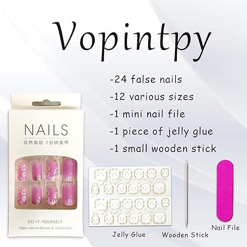 Miniatura 5 de Uñas postizas a presión con punta francesa de flores blancas, uñas postizas cuadradas de longitud media, uñas postizas degradadas rosas con diseño