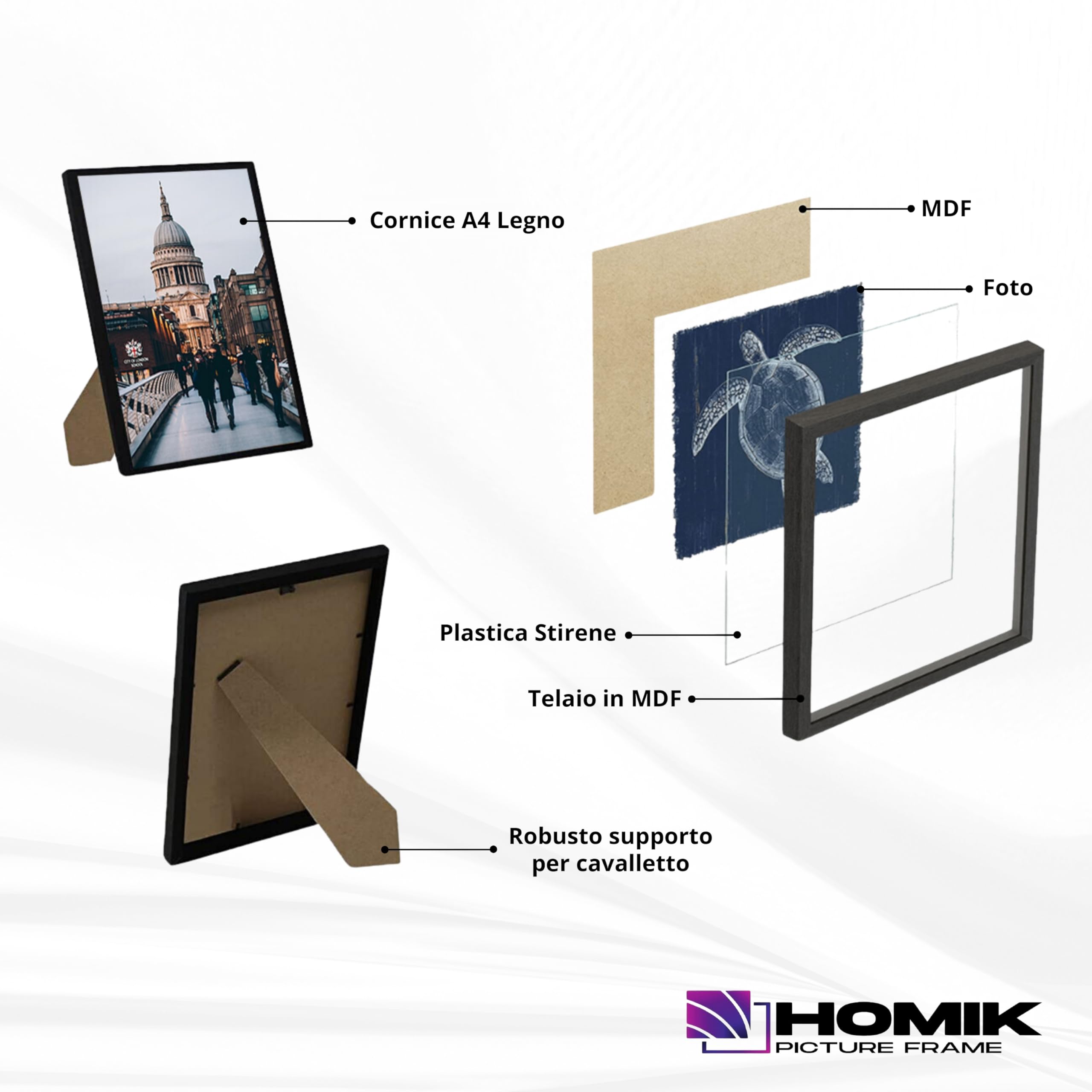 Cornice per Foto A4 | Con Vetro Acrilico Di Sicurezza - Portafoto in Vetro DIN A4 Nera per Decorazioni Interne | Ideale da Regalare e Appendere al Muro