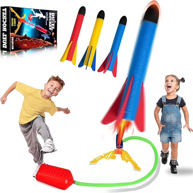 Rocket Launcher Stomp Foam Rocket Stunt Planes Toy for Kids Age 3-12 Upgraded Jump Air Rocket Launcher with 3 Soft Foam Rockets,Fun Outdoor Indoor Garden Games for Children Gift Toys for Boys & Girls