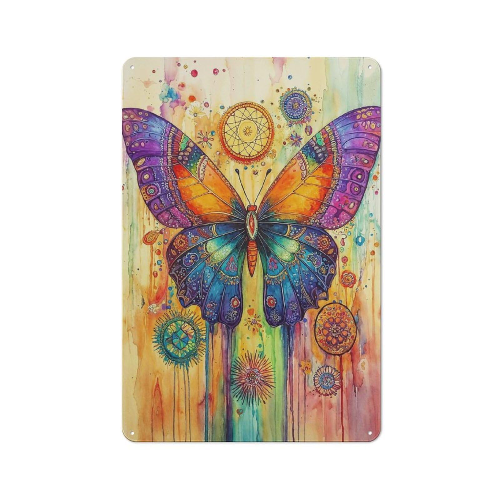Junmoney Style-16 Colorful Butterfly Watercolor Nostalgic Metal Wall Decor 30X20cm, Vintage Tin Sign For Living Room, Hallway, Kitchen Or Cafe
