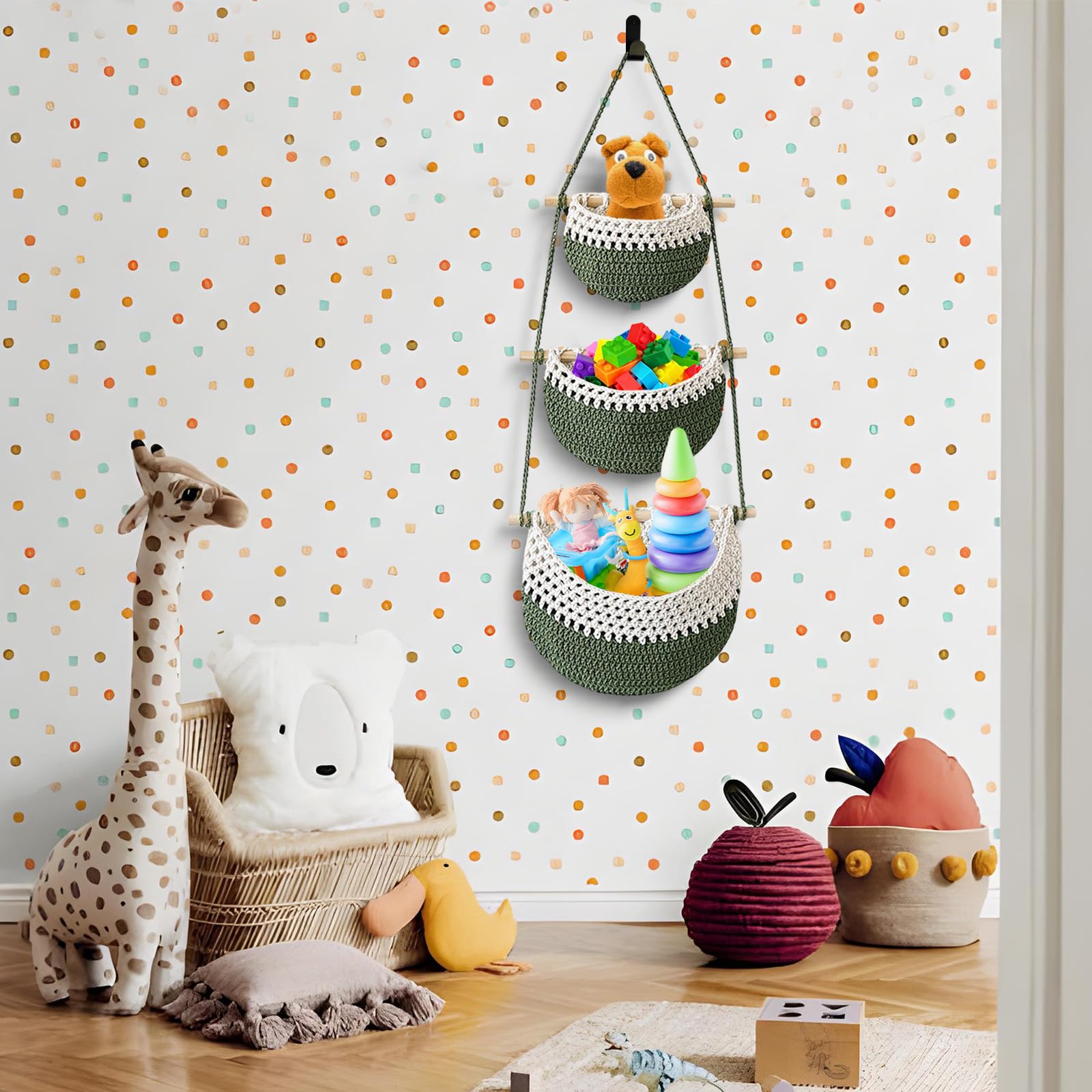 Obstkorb Hängend,3 Stöckiger Obst Hängekorb Küche Obst,Hängende Obstkörbe,Obstkorb Handgewebte Aufbewahrungskörbe Für Küche,Wohnzimmer, Badezimmer,Schlafzimmer (Weiß + Grün)