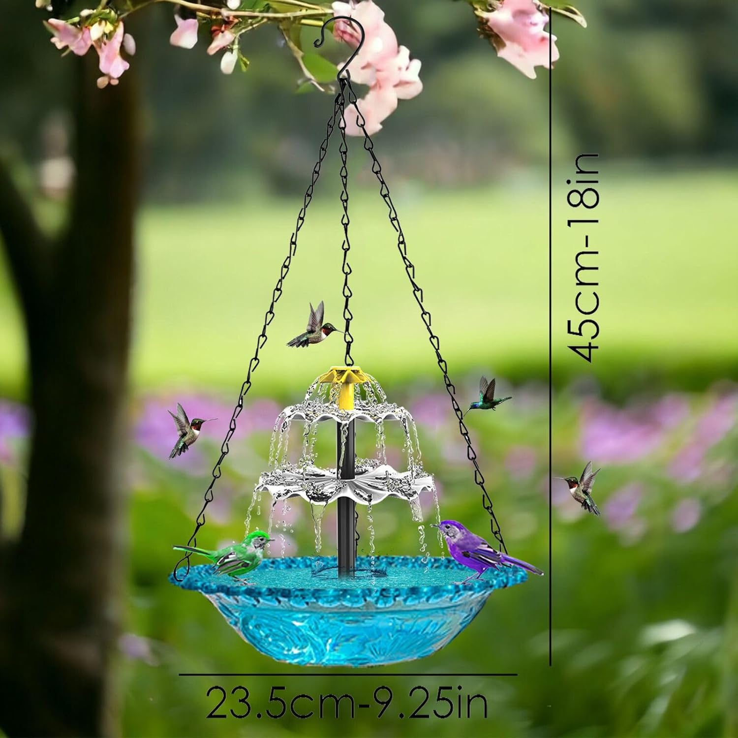 Solar Cascade Hanging Bird Bath Fountain, Solar Powered Cascading Water Fountain, Hanging Solar Bird Baths for Outdoors, Dual-Tier Cascading Design with Solars Pump & Glass Bowl (Blue)