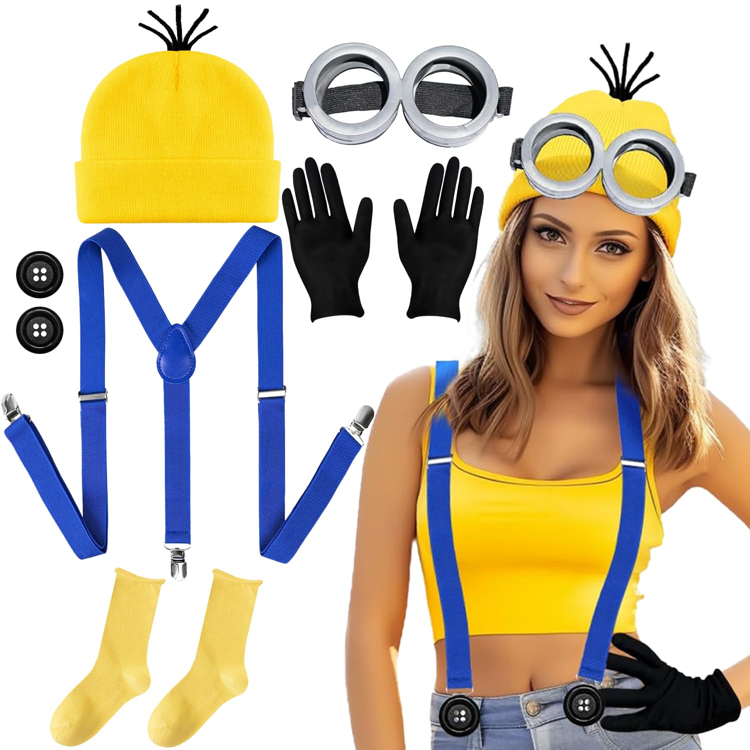 Disfraces de Halloween para Adultos Niños,Accesorios para Disfraces de Halloween con Gafas Steampunk Sombrero Amarillo Guantes Azules Calcetines Botón,Disfraz de Carnaval Cosplay