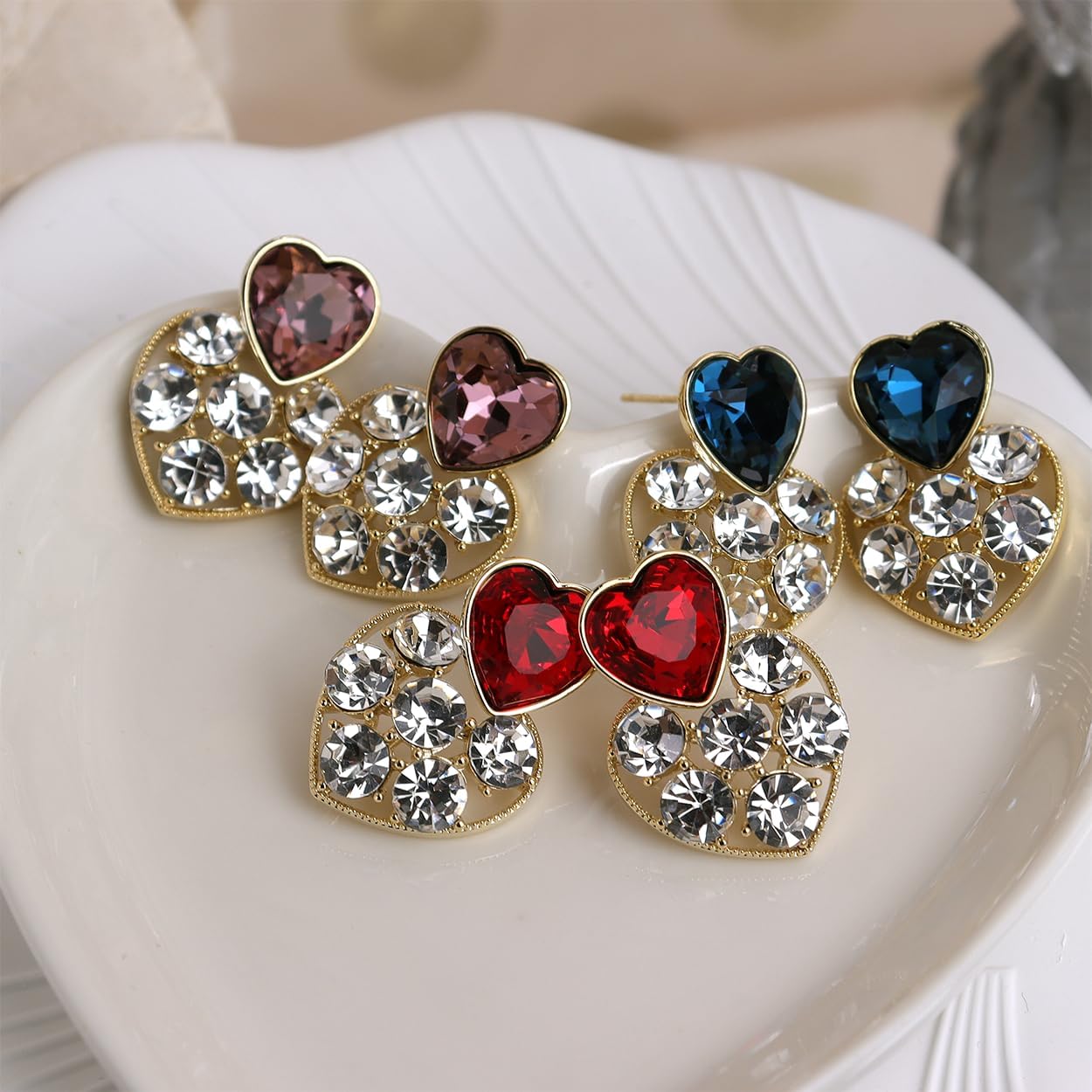 Sonateomber Rhinestone Double Hearts Dangle Valentine earrings for Women – Sparkly Crystal Cubic Zirconia love Heart Drop Dangling Wedding Christmas Holiday Prom Fashion Jewelry Gift - Image 7