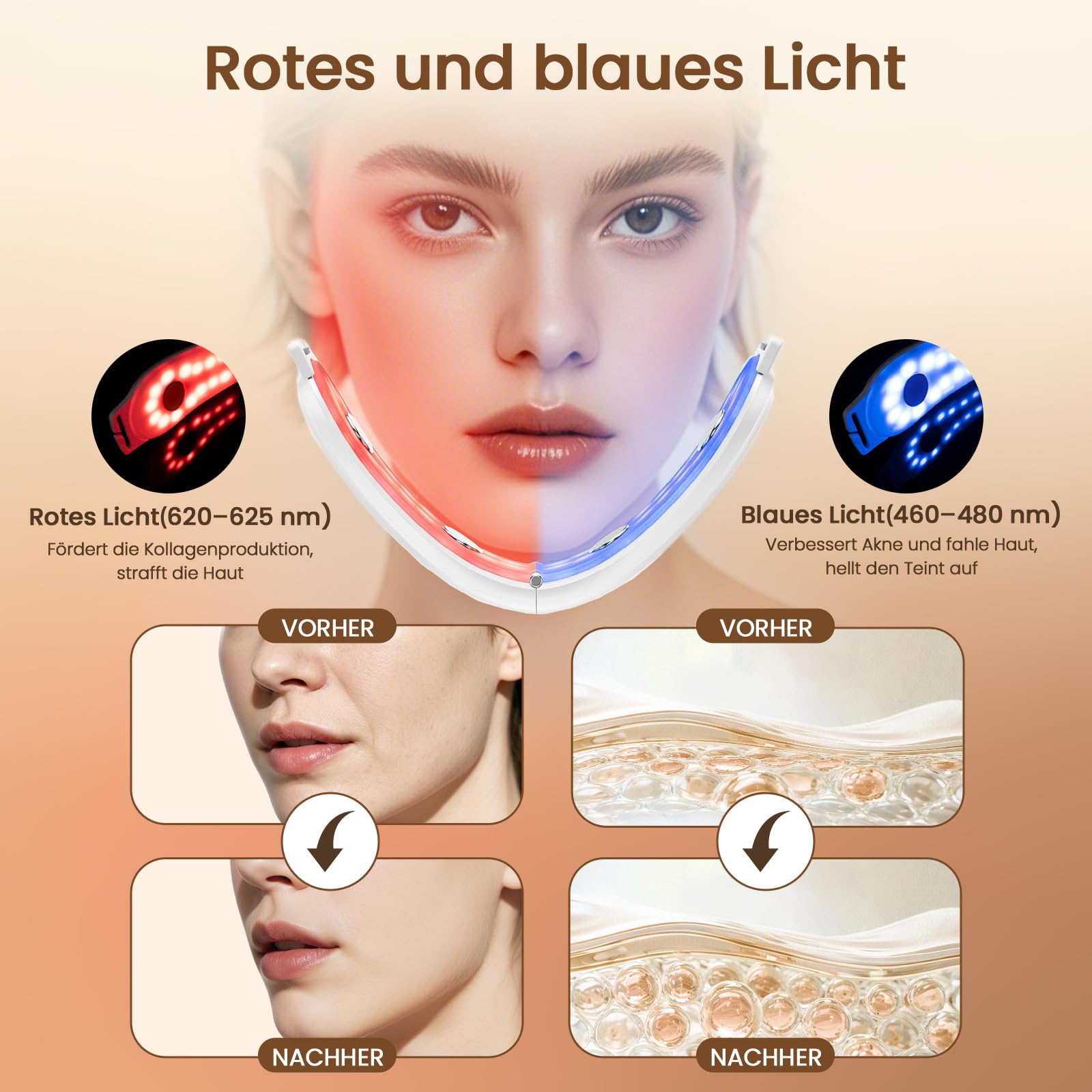 Doppelkinn Entferner, Elektrischer V-Form Gesichtsmassager mit 4 EMS-Modi & 9 Intensitätsstufen, 42°C Rot- und Blaulichttherapie, USB-C aufladbar, Face Lifting Gerät gegen Doppelkinn (Weiß)