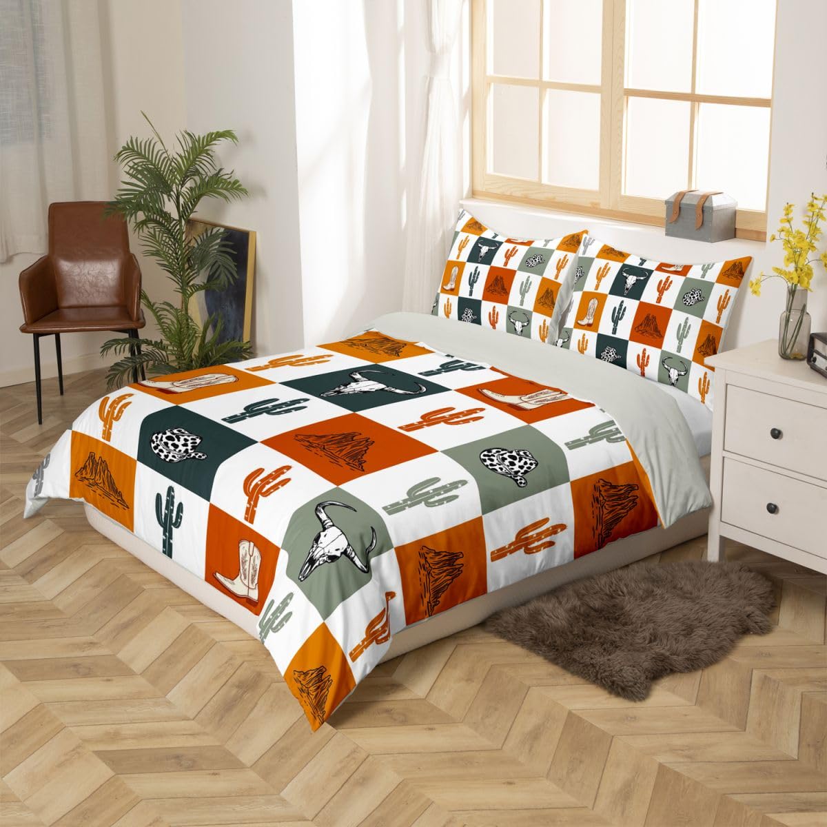 Homewish Krowa czaszka król zestawy pościeli kaktus poszwa na kołdrę kowbojskie buty kapelusz góra patchworkowa poszewka na kołdrę kratka zachodni byk czaszka zestaw łóżek