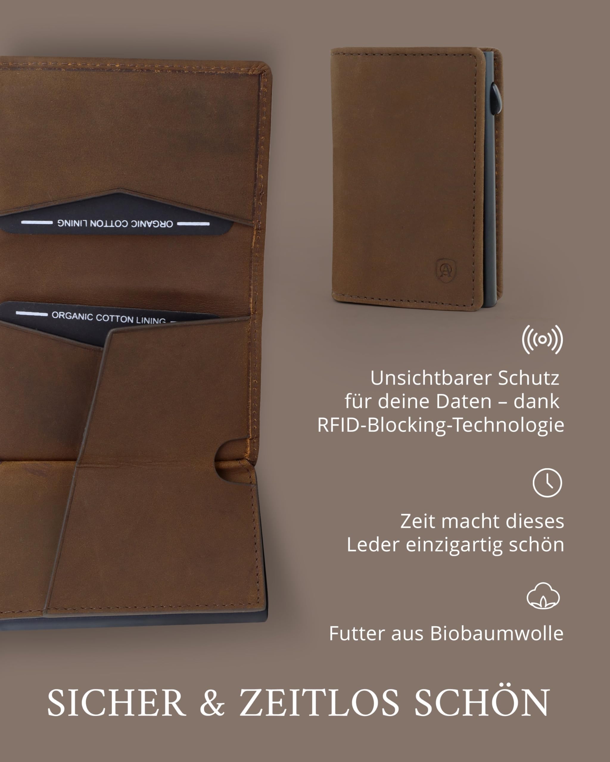 AKAROA – Kartenetui Slim Wallet Herren Rindsleder Pelle – Pop-up Card Holder Geldbeutel mit RFID Schutz und Kartenauswurf 7x10cm - Extra Kartenfächer, Scheinfach & Magnetverschluss – Vintage Braun