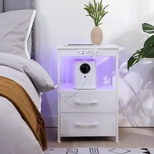 Miniatura 2 de LOAKEKEL Juego de 2 mesitas de noche blancas con estación de carga, mesas auxiliares LED con puerto USB C y tomas, mesita de noche con 2 cajones de