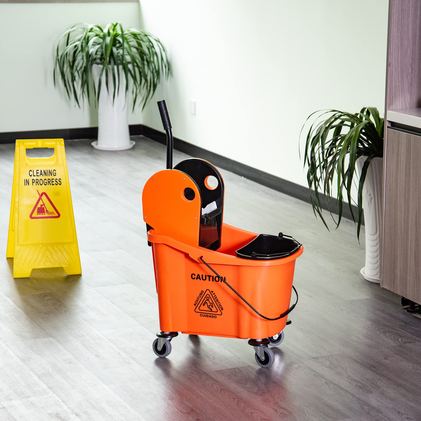 HOMCOM Cubo de Fregona con Ruedas Capacidad de 36L Carro de Limpieza con Escurridor de Presión Abajo y 2 Cubetas Separadas 54x41x91,5 cm Naranja